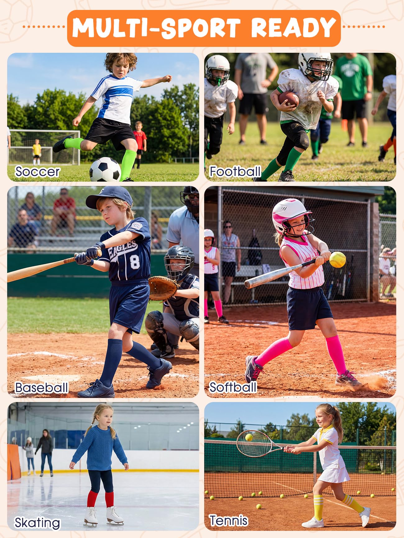 American Trends Calcetines de fútbol para niños y jóvenes, calcetines largos hasta la rodilla para niños y niñas, béisbol, sóftbol, fútbol, 1-12 años