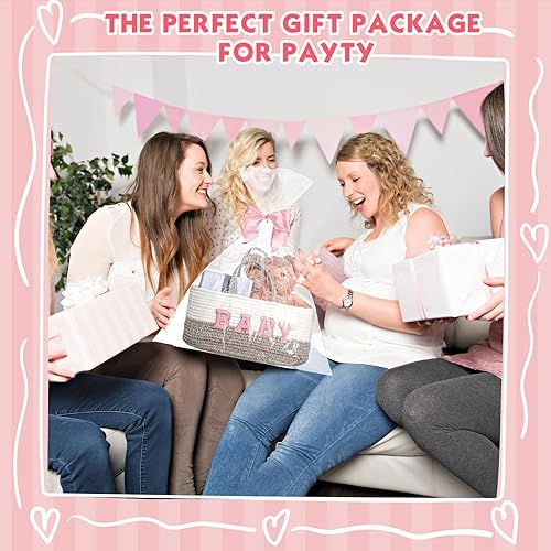 Miniatura 5 de Organizador de pañales con lazo, bolsa de almacenamiento portátil de cuerda de algodón para cambiador, guardería, baby shower (rosa)