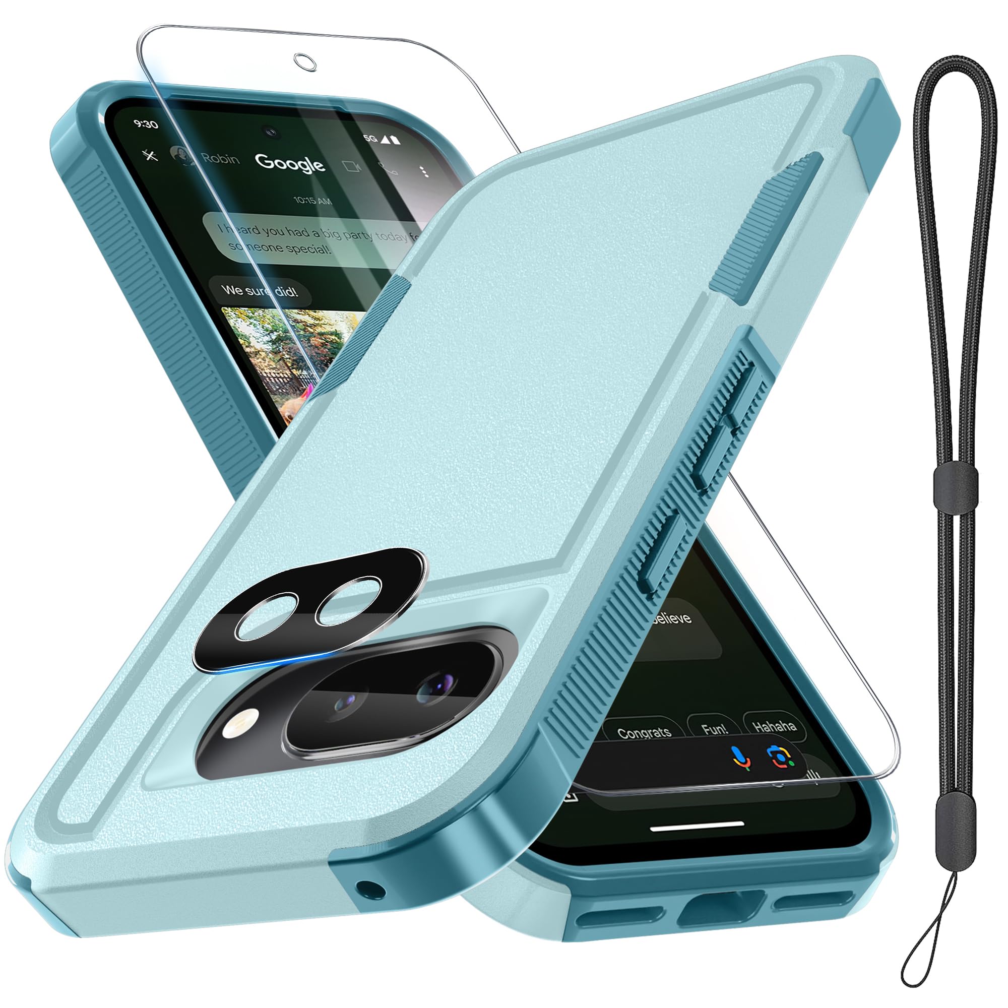 for Google Pixel 10a Case with Wrist Lanyard Strap+Tempered Glass Screen Protector+Camera Lens Cover,Full Body Heavy Duty Rugged Shockproof Protective Phone Cover,Mint Green