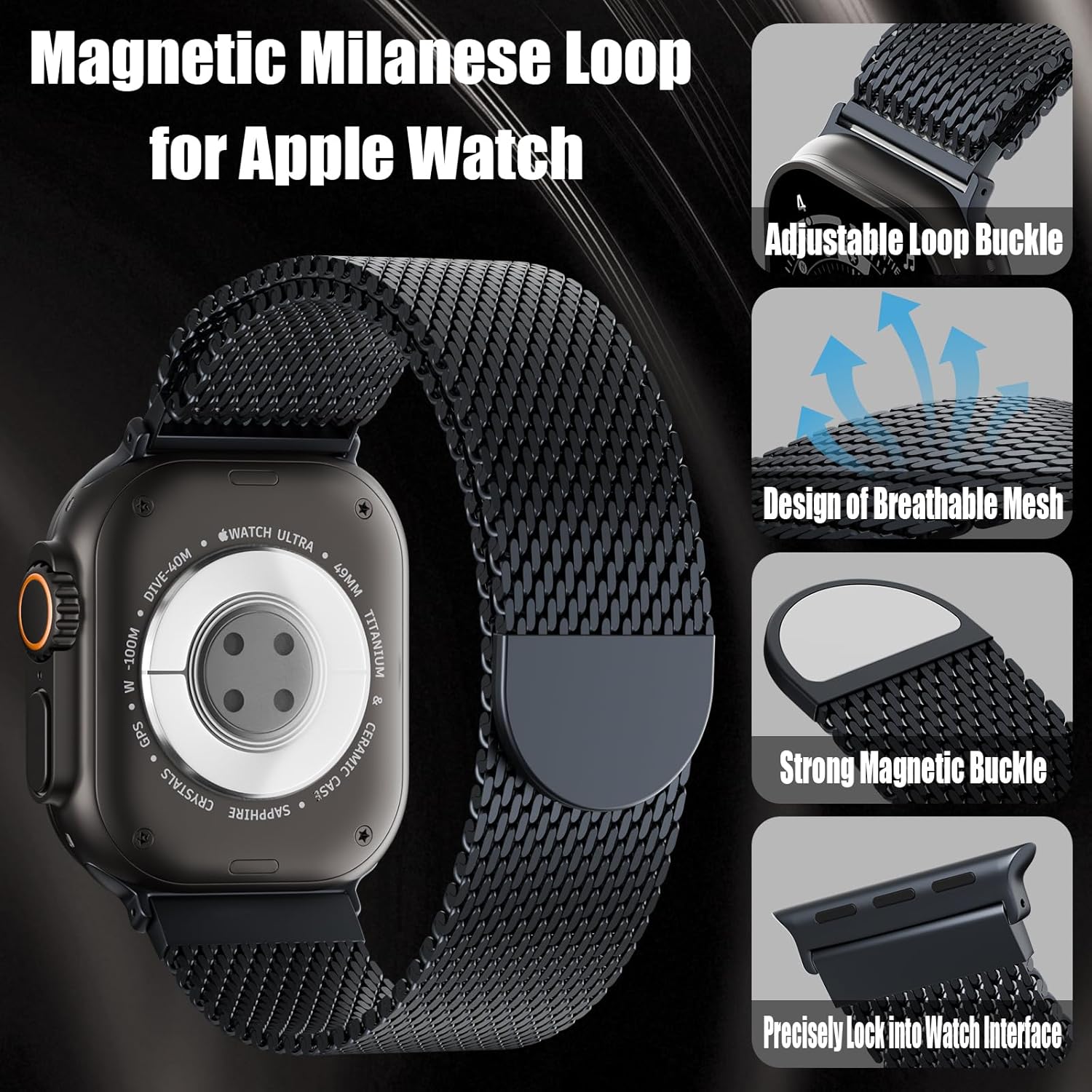 Magnetic Mesh Milanese Loop Compatible with Apple Watch Band 49mm 46mm 45mm 44mm 42mm 41mm 40mm 38mm Men Women, Stainless Steel Metal Strap for iWatch Ultra 3/2/1 Series 11 10 9 8 7 6 5 4 SE - Image 2