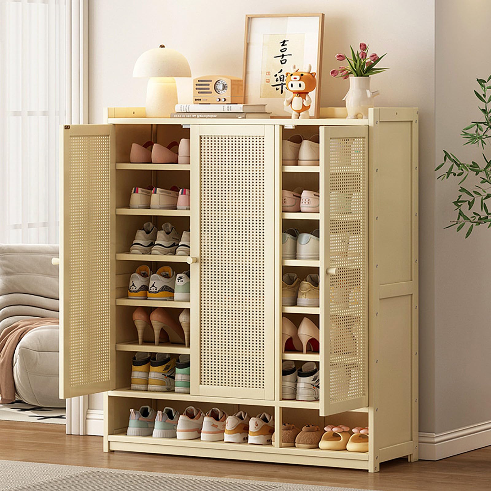 LMYSXAOZ 8-Tier Bamboo Shoe Rack Organizer with Adjustable Shelves & 3 Doors - 90cm Storage Cabinet for Entryway, Living Room, Hallway Rattan Footwear Organizer, Stylish Solution