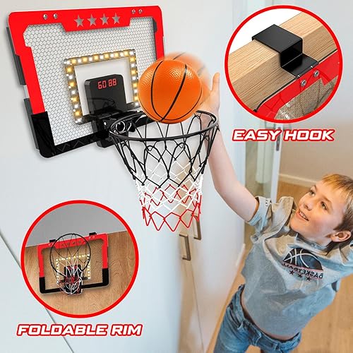 Miniatura 10 de Aro de baloncesto para interiores para niños, mini aro de baloncesto con doble marcador electrónico y luz LED, juguetes de regalo de baloncesto