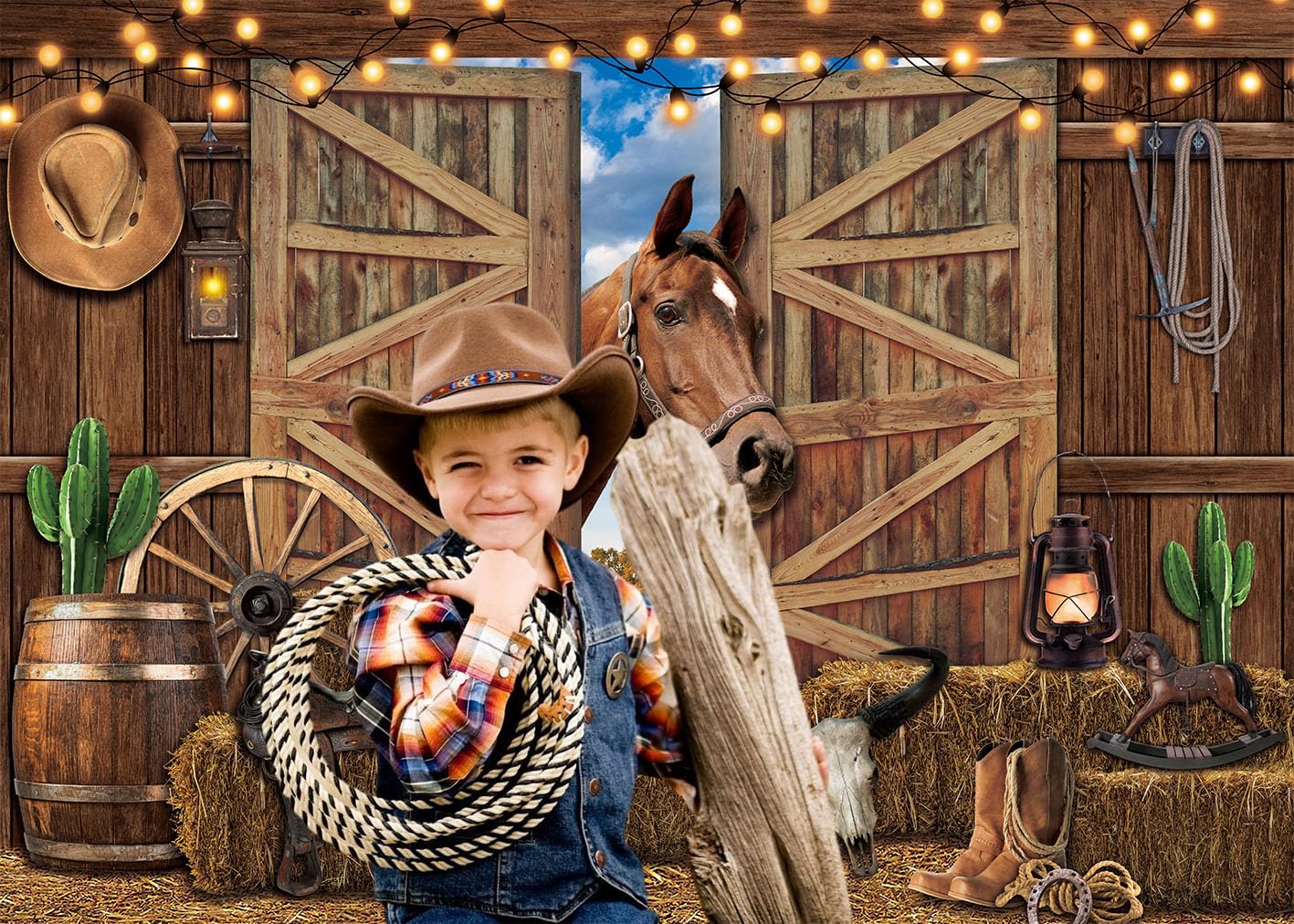 PGSWEER 7x5ft Western Cowboy Backdrop Western Rodeo Party Background Wild Rustic Wooden Barn Backdrops Door Horse Boy Girl Birthday Photo Shoot Props