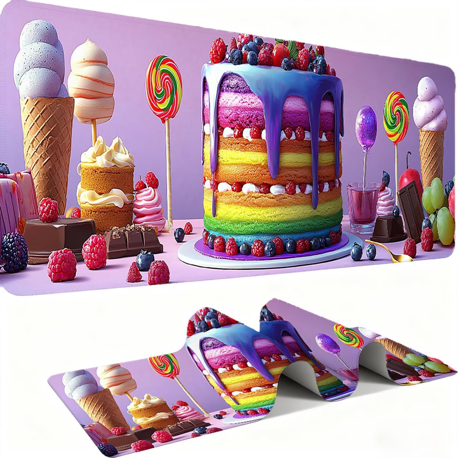 Tappetino Mouse XXL 1200x600x3mm Mouse Pad Gaming, Torta Arcobaleno, Mousepad Base Antiscivolo, Esteso Accessori Scrivania Tracciamento Ad Alta Precisione tappetino per Computer e Ufficio, PC, C0P-934