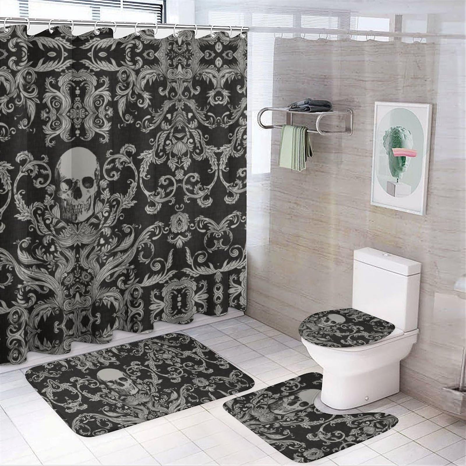 JZemdybill Bathroom Mat Set 4 Piece, Black Skull Shower Curtain with Non-Slip Bath Mats for Bathroom