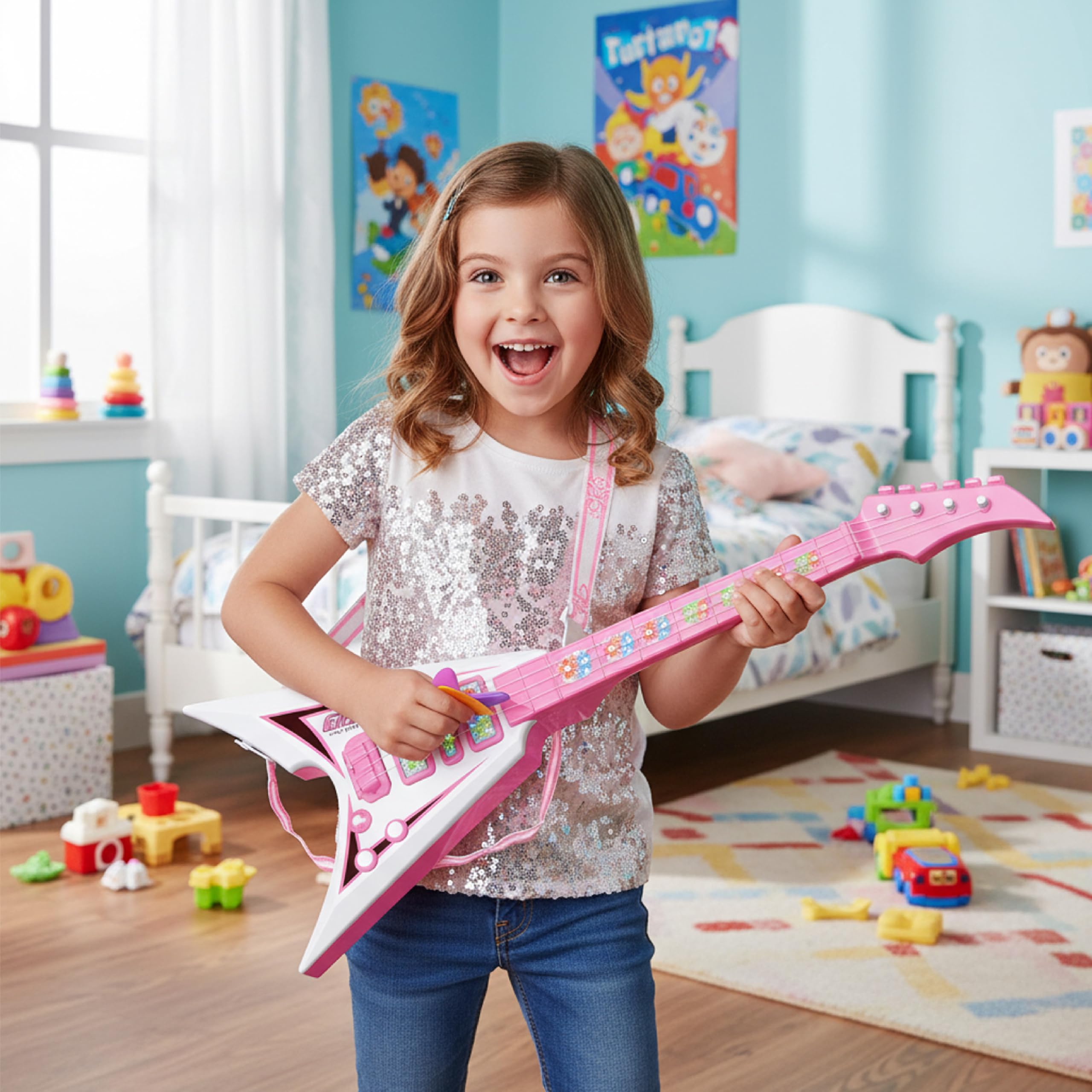 Baroni Toys Chitarra per Bambin e Bambini, 3+ Anni con Luci, Giocattolo Musicale con Effetti Sonori e Luminosi, Chitarra Elettrica Musicisti, Rosa, 22x5.5x55cm