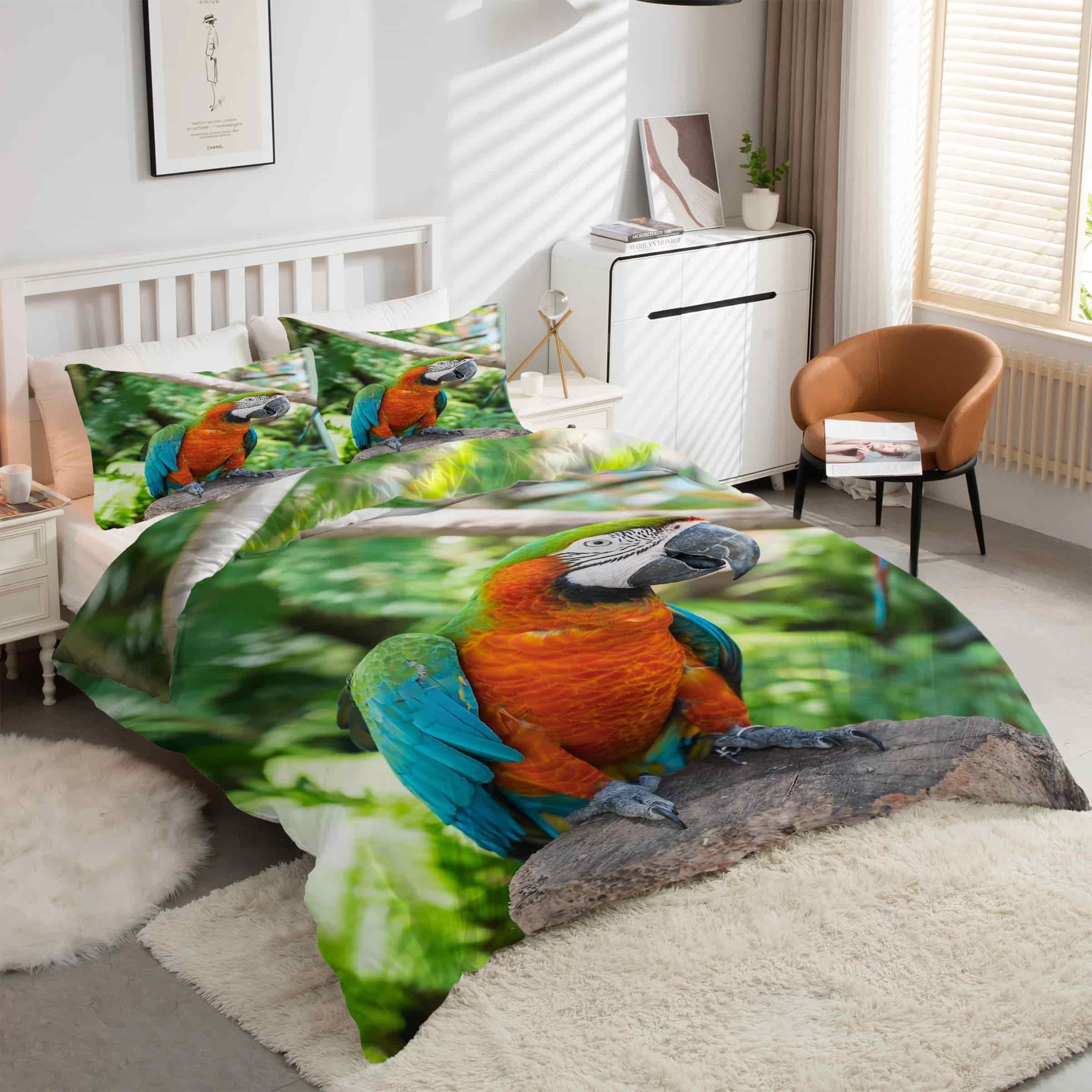 Housse de couette 160x200 oiseau avec fermeture éclair pour un lit facile à faire