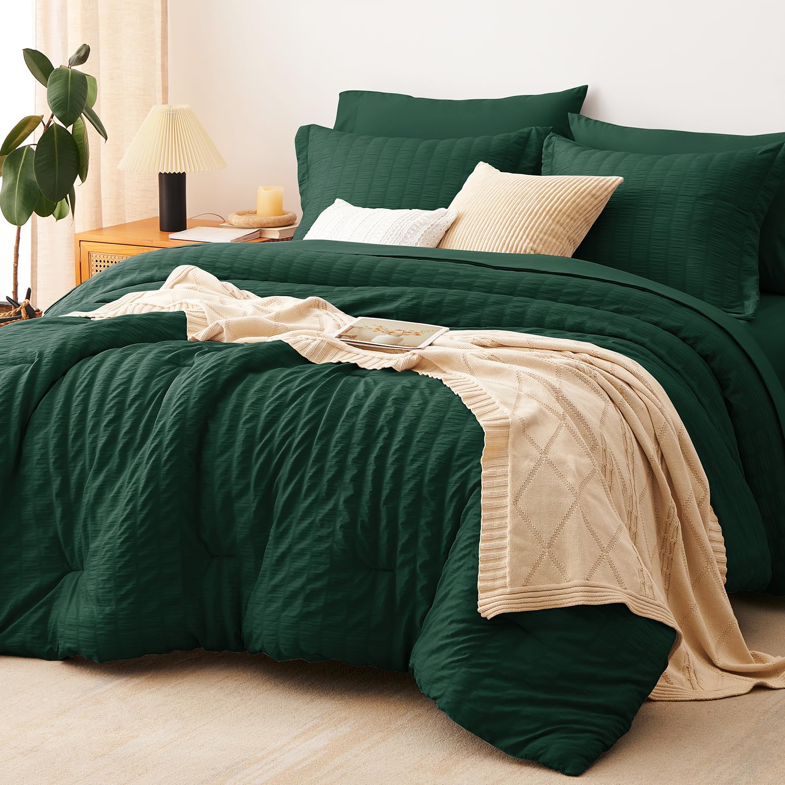 CozyLux Oversized King Comforter Set 120x98, 7Pcs Emerald Green Seersucker