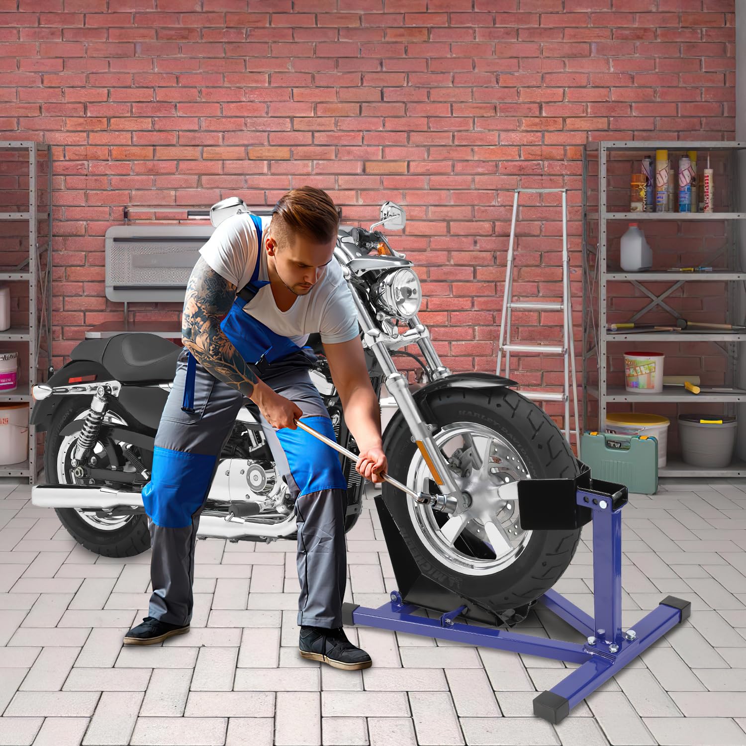 Support de montage, pince de roue avant de moto, support de moto, convient pour pneus de 17 à 21 pouces, rail d'aide au chargement, bleu, 1 pièce