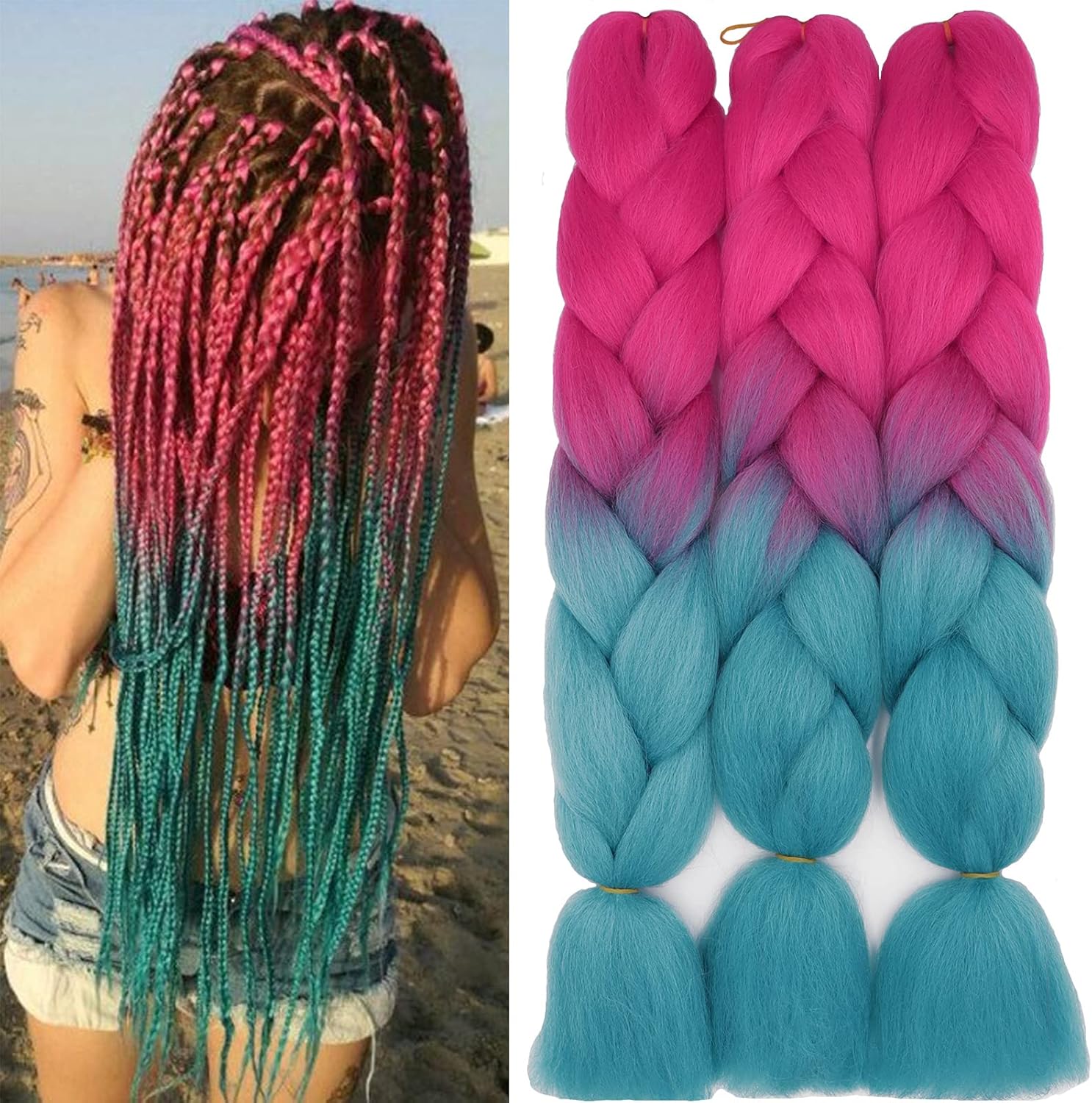 24" Braiding Hair Extension Jumbo Braids Synthetic 3bundles/pack Crochet Hair Afro Box Braid Heat Resistent (Rose Red&Lake Blue)