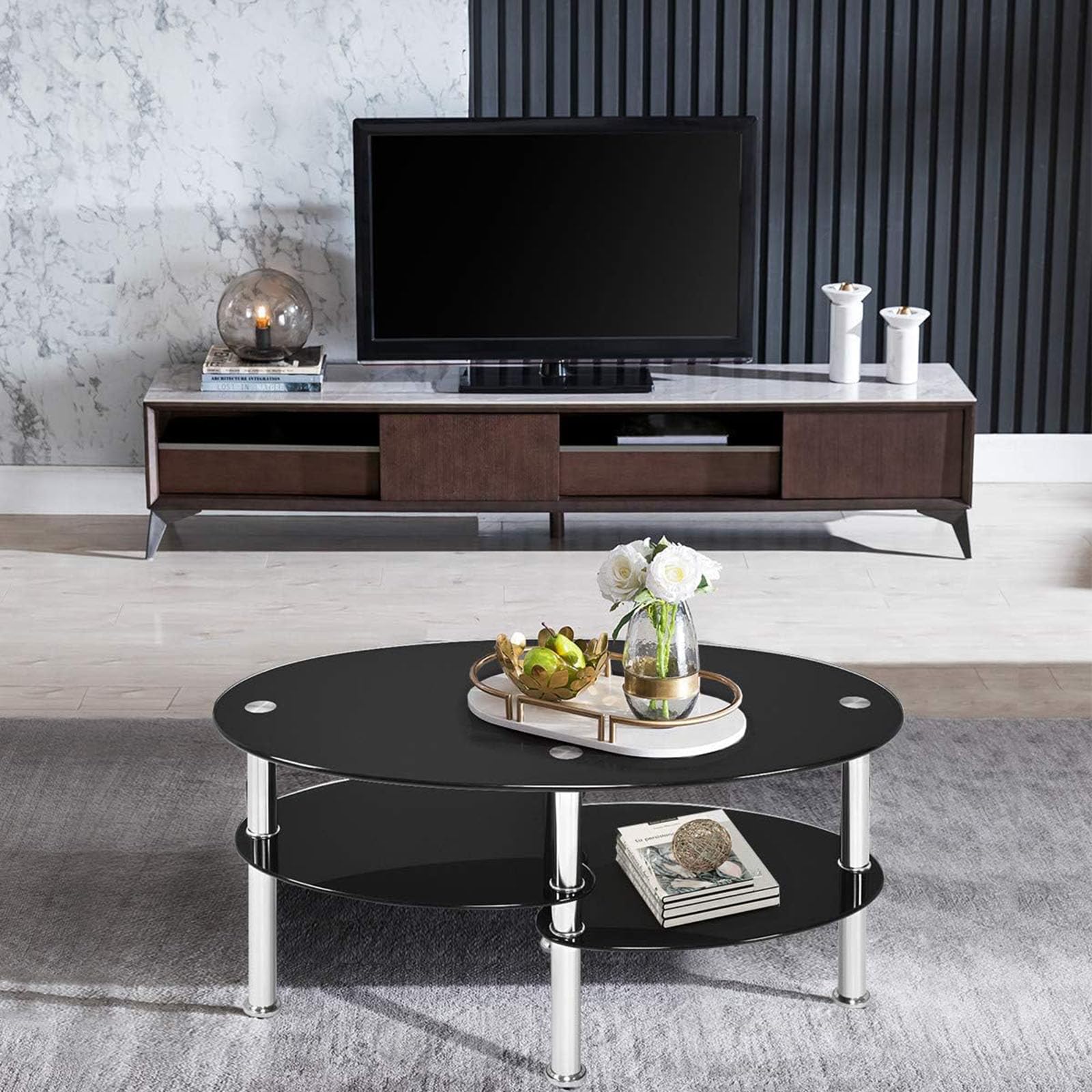 Amazon.co.jp: 3段楕円形ガラスコーヒーテーブル、広々としたガラス