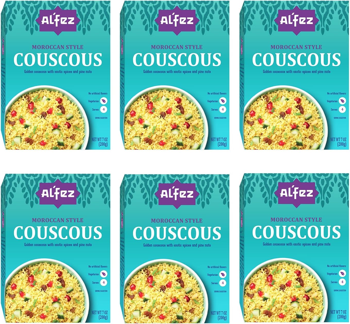 Al'Fez Moroccan Style Couscous - 7 oz (Pack of 6) - Durum Wheat Infused w/Exotic North African Spices, Sultana Raisins & Pine Nuts for Instant Couscous Salad - Vegan, No Artificial Flavors, Vegetarian