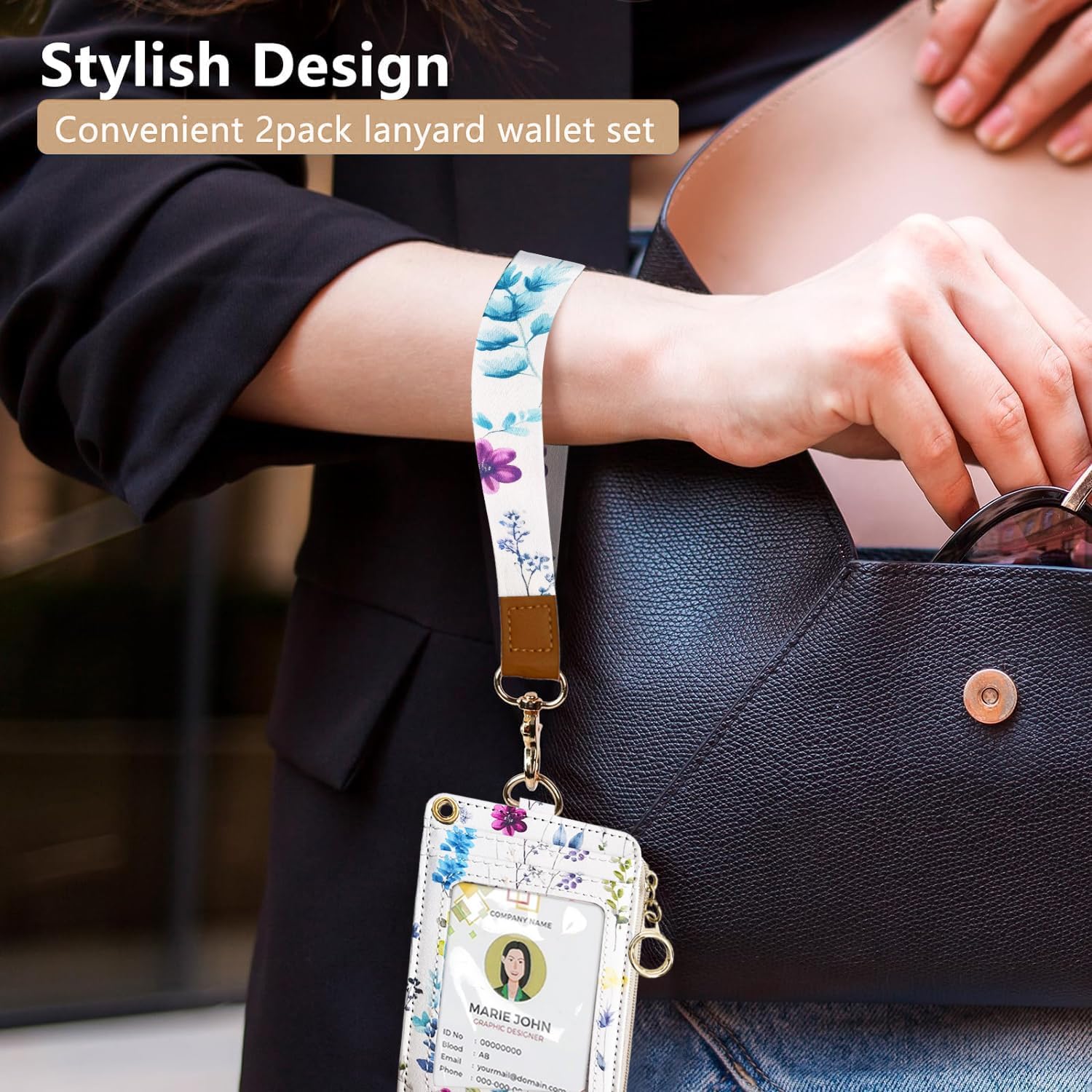 bolimoss 2-in-1 ID Badge Holder & Lanyard Wallet for Womens Cute Floral Zipper Wallet with Removable Wrist & Neck Lanyard, Clear Window, 5 Card Slots, Ring Keychain for Worker Teacher Nurse Couriers - Image 4