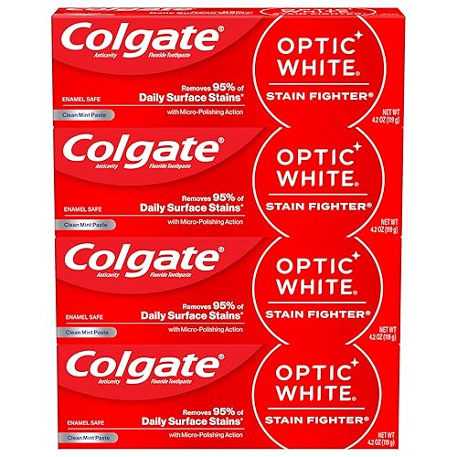 Colgate Optic White Stain Fighter Teeth Whitening Toothpaste, Anticavity Fluoride Toothpaste for Whitening Teeth, Helps Remove Daily Surface Stains, Clean Mint Paste, 4 Pack, 4.2 oz - 4.2 Ounce (Pack of 4) - Clean Mint