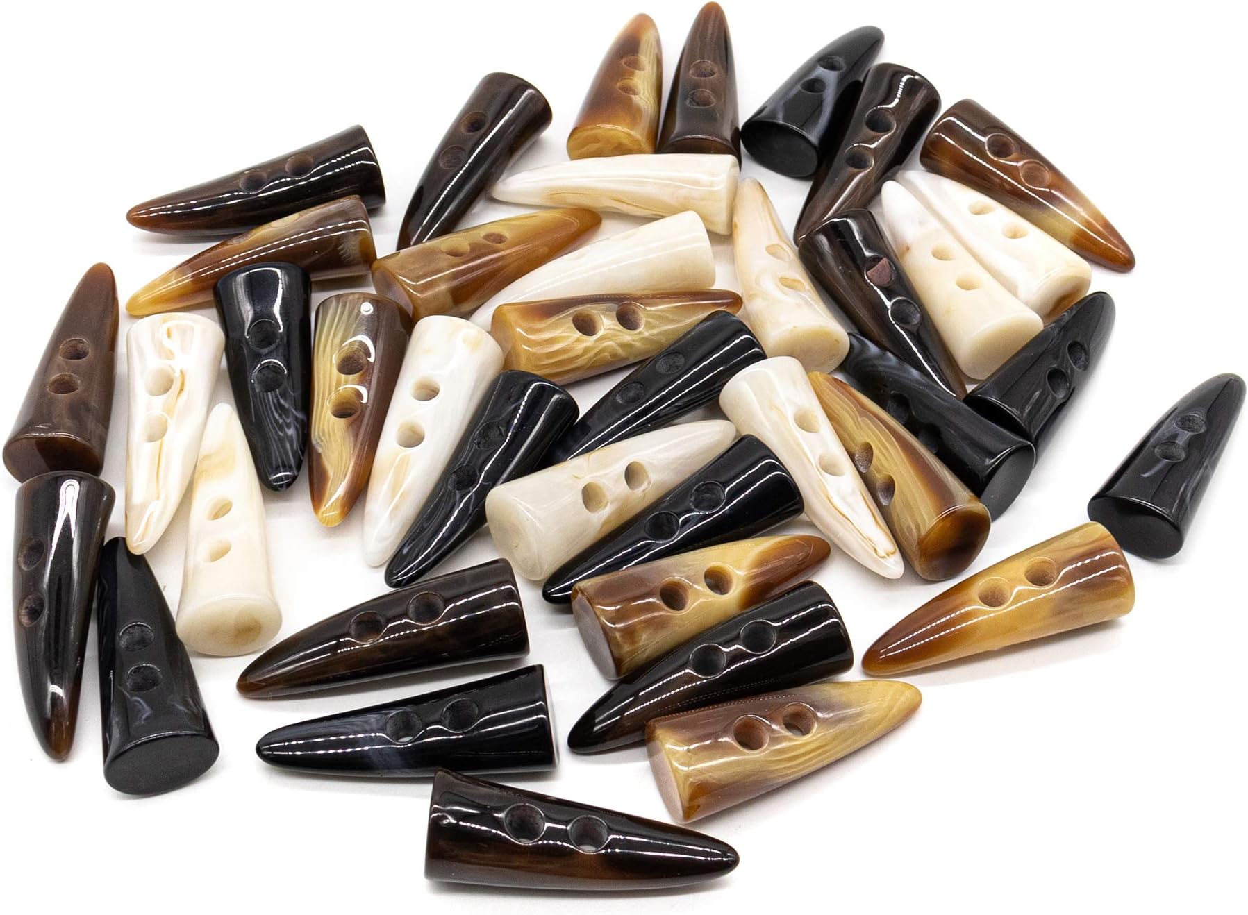AUEAR, 40 Pack Resin Toggle Buttons 2x4 Inch Two Holes Horn Tooth Shape for Jacket Sewing DIY Accessories