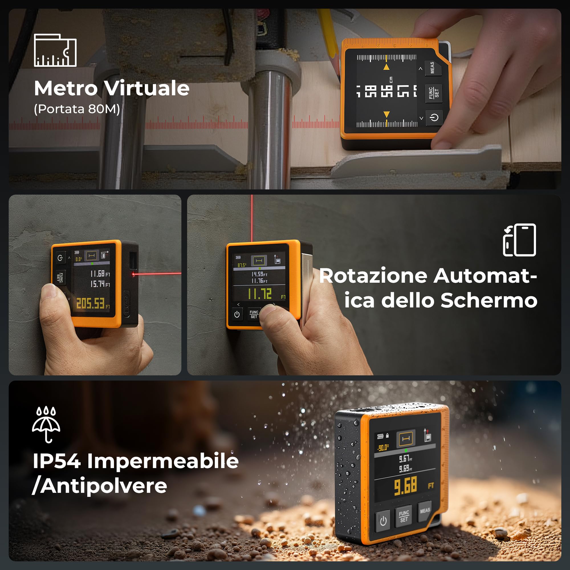 CIGMAN Telemetro Laser Digitale 3 in 1 80M, Misuratore di Distanza con LCD Retroilluminato, Bolla Elettronica,Goniometro Digitale, Unità M/In/Ft, Metro Laser Digitale (CD80)