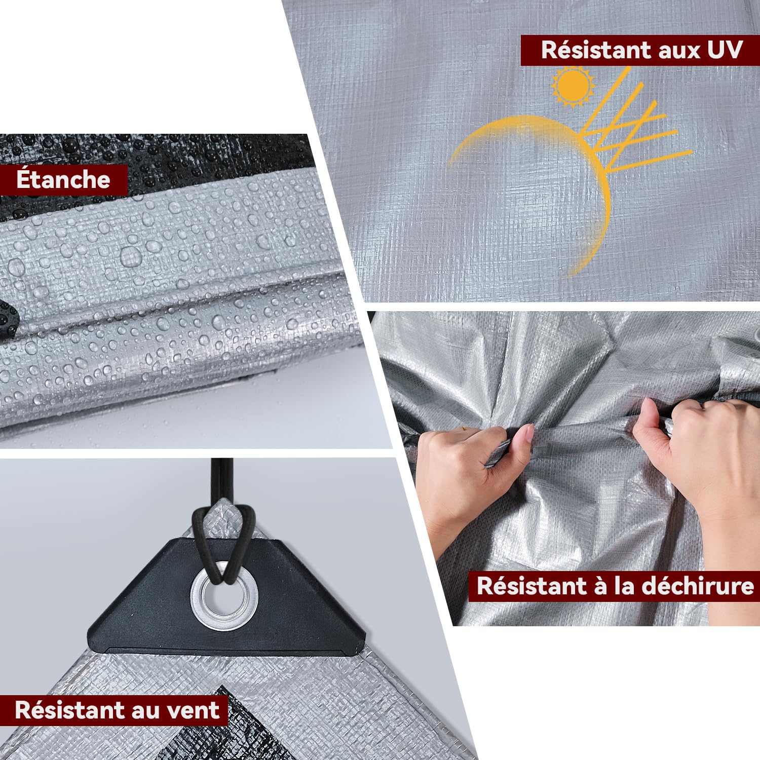 Bâche Imperméable Bâches de Protection en Polyéthylène 140g/m² Robuste 5x6m Étanche Renforcé Trou Soudé Résistant à la déchirure Toit Polyvalent Pool Truck RV Camping Tente Jardin Argent/Noir.