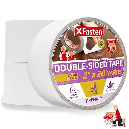 XFasten Cinta extraíble de doble cara transparente de 2 pulgadas x 20 yardas (paquete de 3, 180 pies en total), cinta transparente de doble cara
