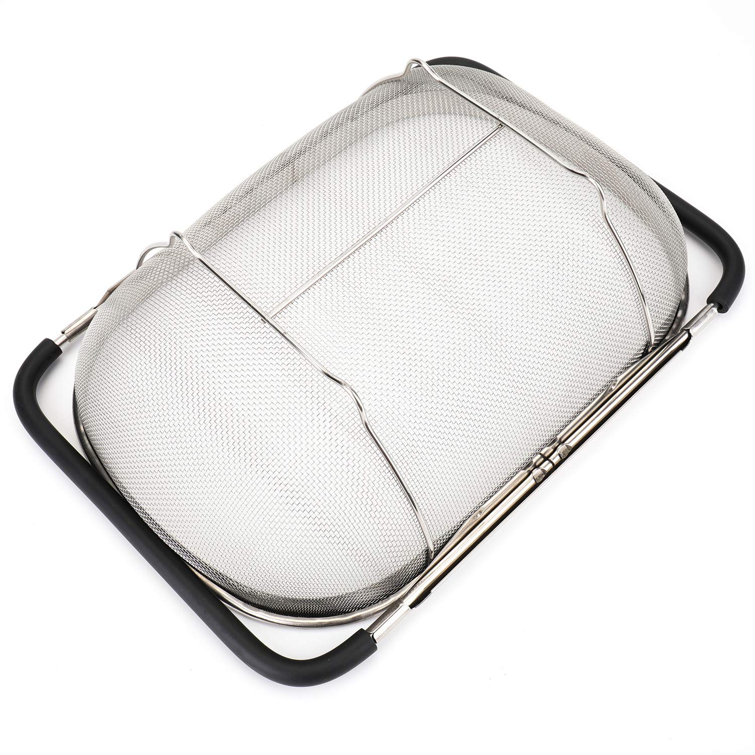 Paquete de 2 coladores ovalados sobre el fregadero para cocina, malla fina de acero inoxidable de 6 cuartos de galón con asas de agarre de goma expandibles para colar, drenar, enjuagar frutas, 4