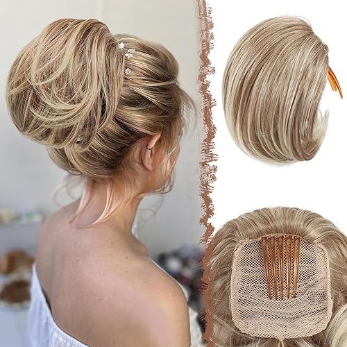 FESHFEN Moño de pelo completamente corto, moño de cola de caballo mixto rubio con peine moño updo cordón extensión de pelo sintético para mujeres,