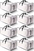 8 Pack Large Strong Moving Bags with Zippers & Carrying Handles - Water-Resistant - Heavy Duty Storage Tote for Space Saving, Fold Flat, Alternative to Moving Box (Semi-Transparent)