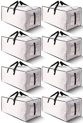 8 Pack Large Strong Moving Bags with Zippers & Carrying Handles - Water-Resistant - Heavy Duty Storage Tote for Space Saving, Fold Flat, Alternative to Moving Box (Semi-Transparent)