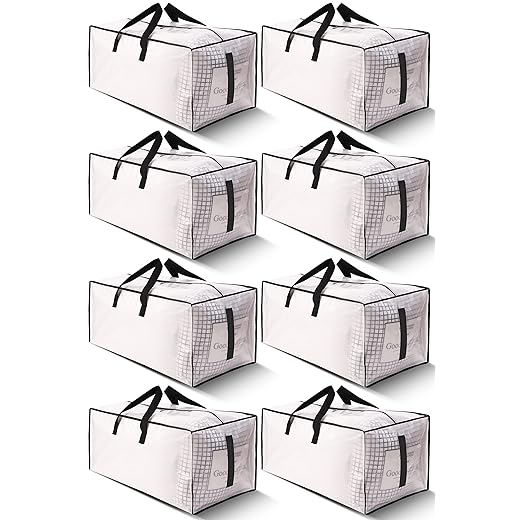 HOMESURE 8 Pack Large Strong Moving Bags with Zippers & Carrying Handles - Water-Resistant - Heavy Duty Tote for Space Saving Storage, Fold Flat, Alternative to Moving Box (Clear)