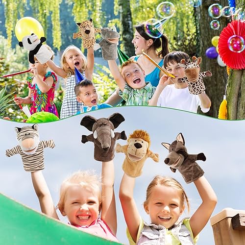 Miniatura 6 de Poen Paquete de 30 títeres de mano de animales de 9.5 pulgadas, juguete de peluche suave con bocas abiertas móviles, marionetas de mano de zoológico
