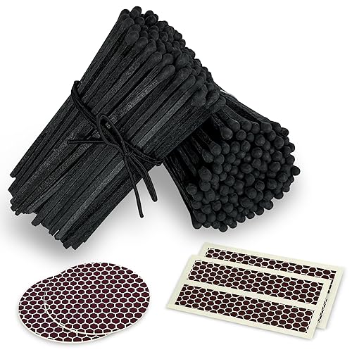 4" All Black Matches (200 Count, with Striking Stickers Included) | Decorative Unique & Fun for Your Home, Gifts, Accessories & Events | Premium Long Wood Safety Matches by Thankful Greetings - Black Stick, Black Tip - 4" - 200 Matches