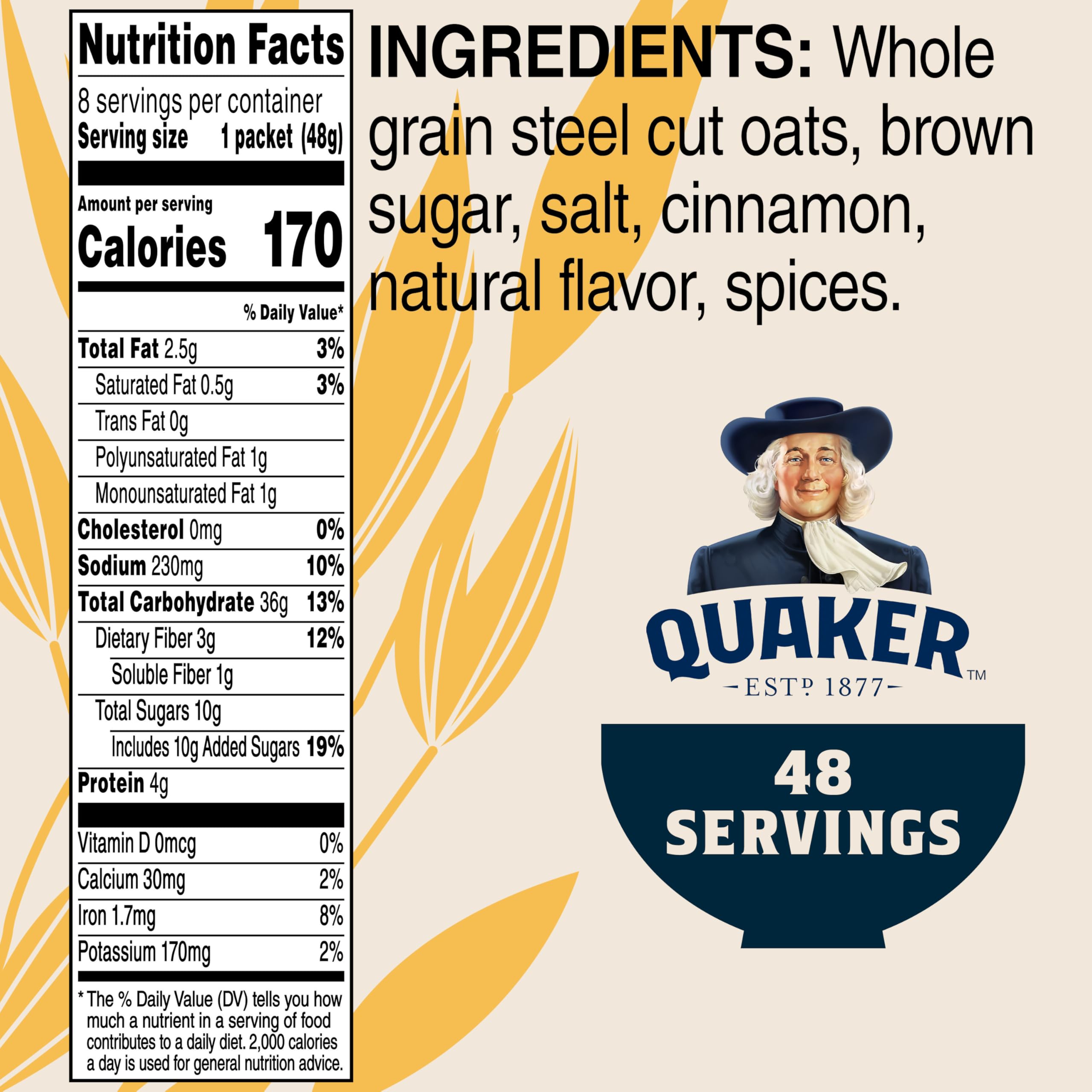 Quaker Steel Cut Quick Avena de 3 minutos, corte rápido de acero, azúcar morena y canela, 13.5 onzas, 8 unidades (paquete de 6) en total, 48 unidades
