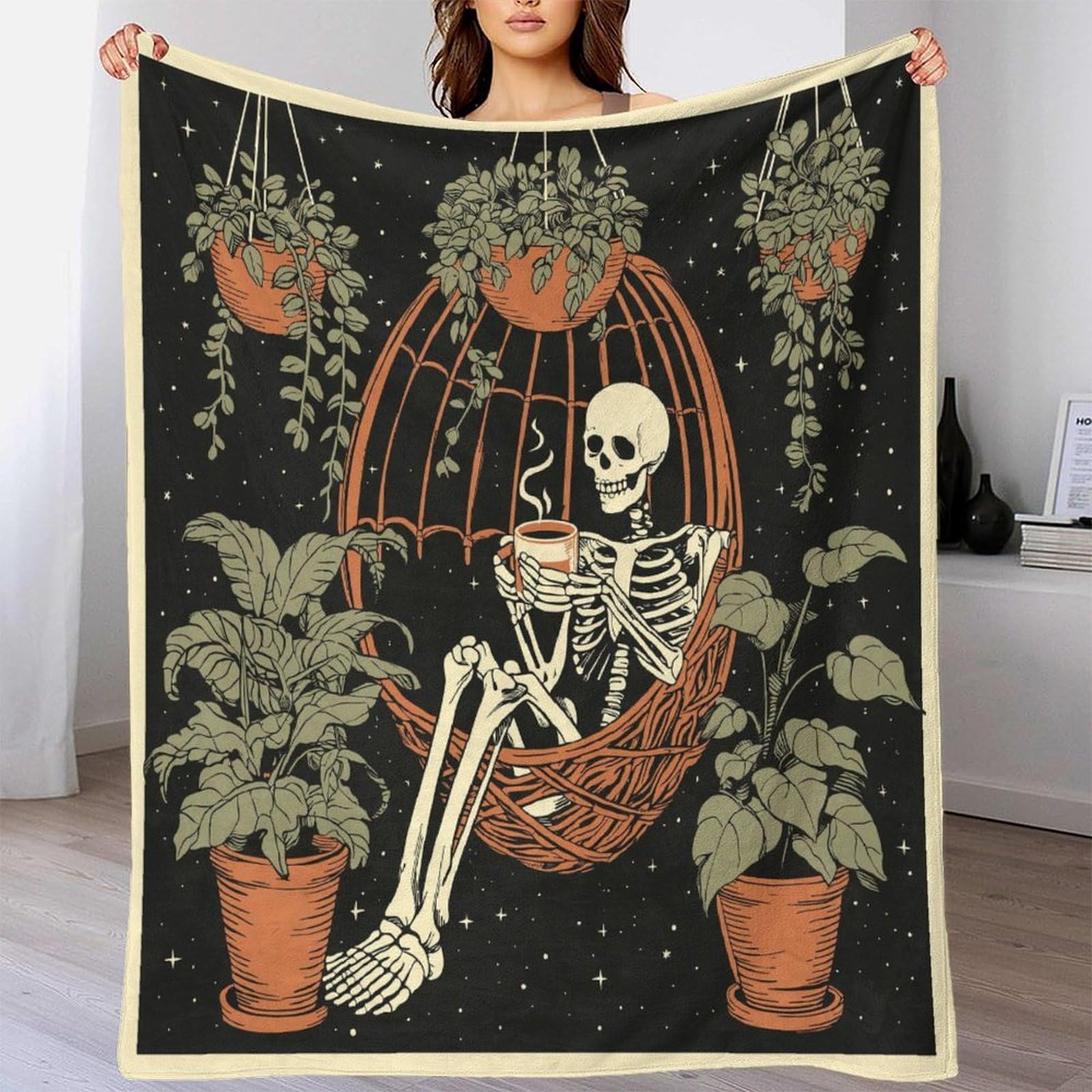 Uno scheletro è seduto in un uovo intrecciato Manta Estampada 3D Sedia sospesa a forma di Colcha De Diseño Ropa De Cama De Microfibra Suave Y Cálida Sofá Ropa De Cama 80x90inch(200x230cm)