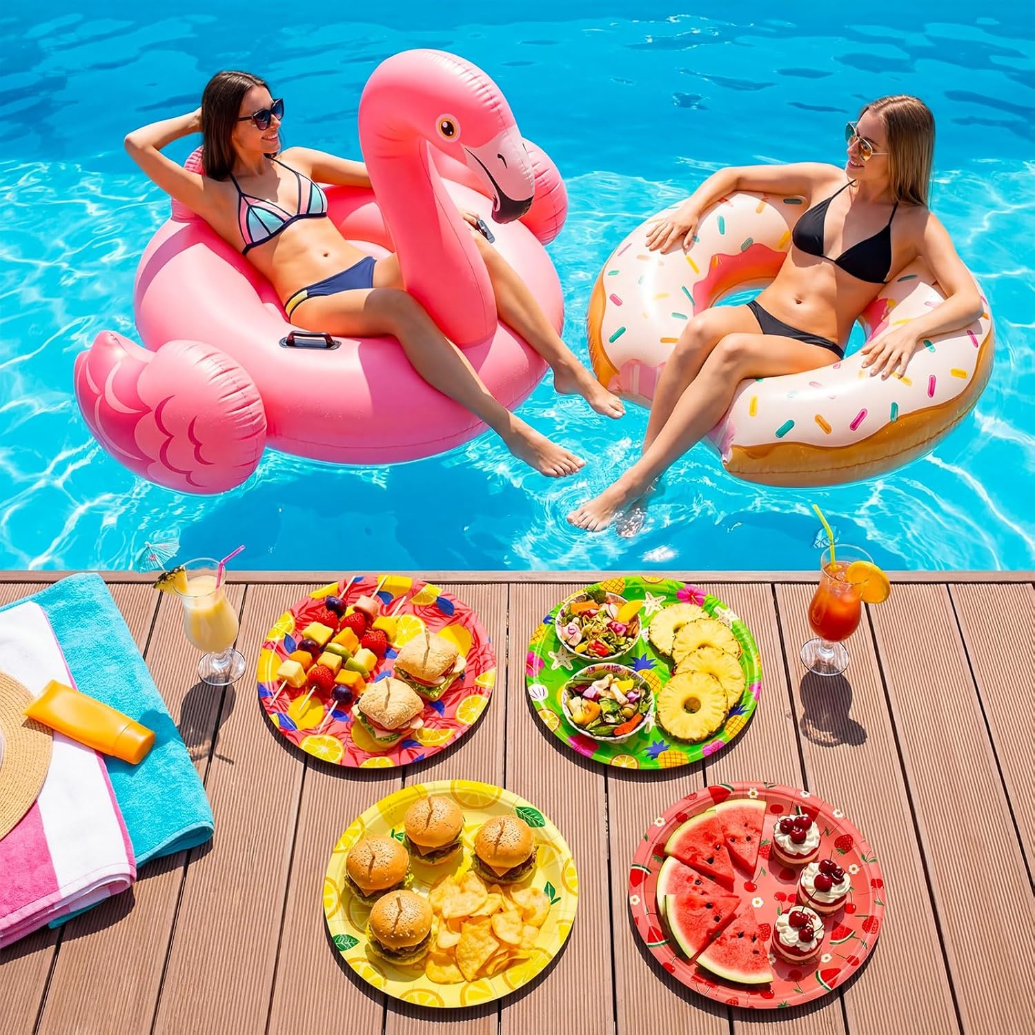 FoldTier 100 Pcs 9 Inch Fruit Paper Plates, Summer Disposable Dessert Plates, Dinnerware Set Platters Pineapple Watermelon Table Decorations for Cake Salad Fruit Party Supplies, 4 Styles