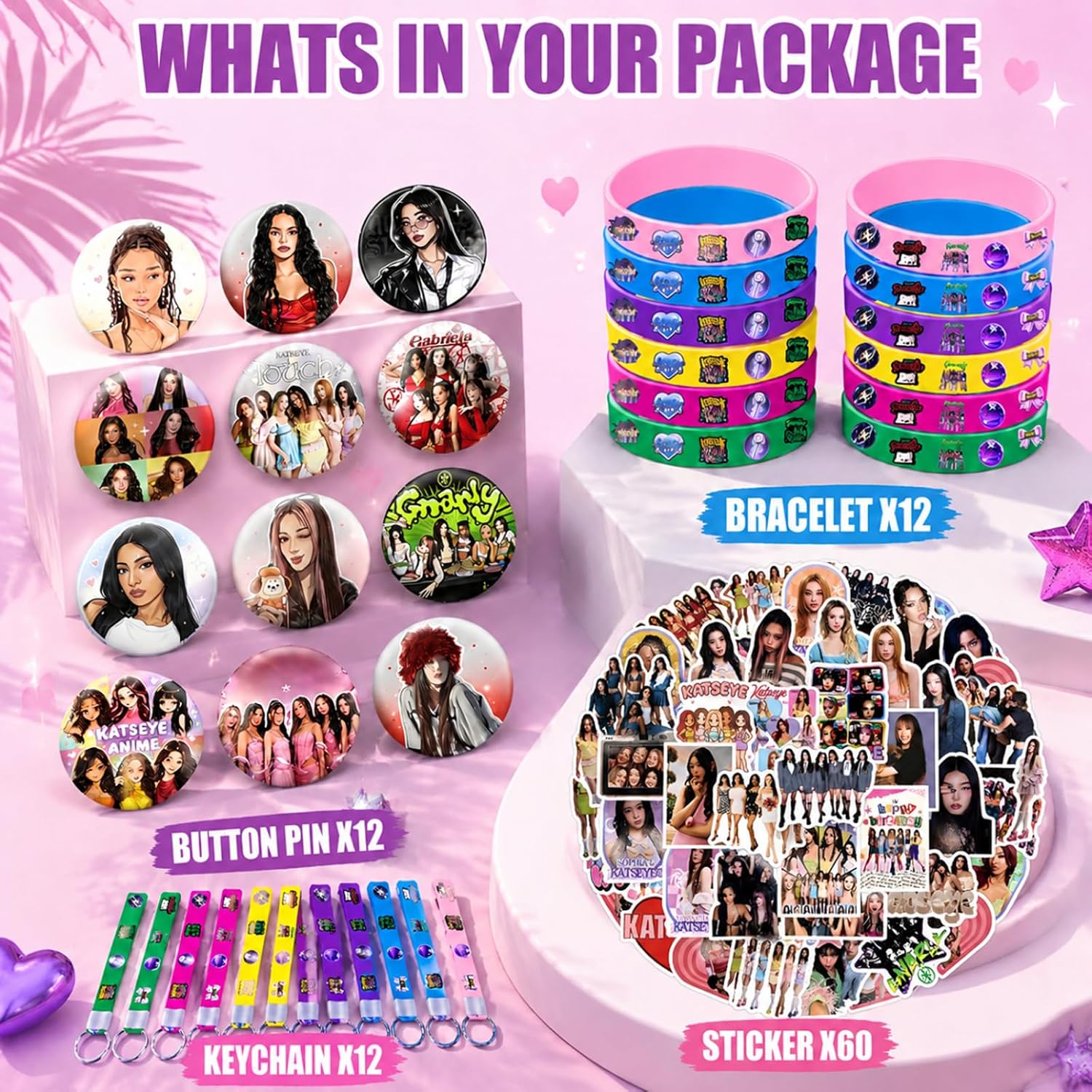 96Pcs Katseye Birthday Decorations Pink Purple Themed Party Supplies Set Include 12 Bracelet,12 Keychains, 12 Button Pins and 60Pcs Stickers for Birthday Party Decorations