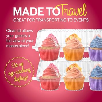 Plastic Cupcake Containers Boxes | 6 Compartment 12 Pack | Disposable High Dome Dozen Cupcake Holder With Lid Bulk | Extra Sturdy Stackable Cupcake Boxes | Durable Muffin Packaging Transporter To Go