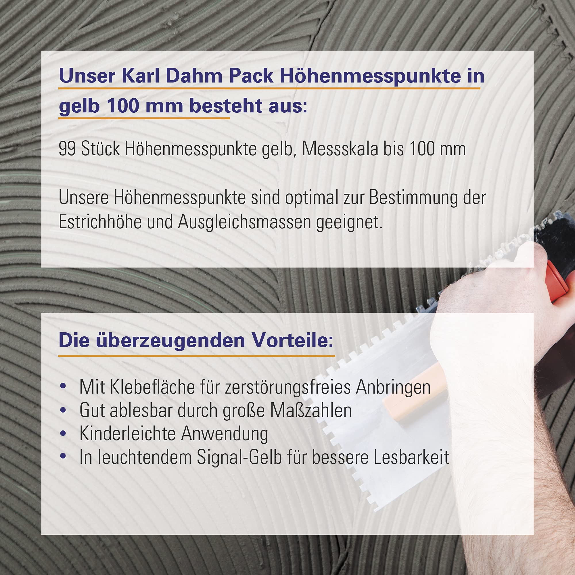 Karl Dahm Höhenmesspunkte bis 100 mm, gelb, 99 Stück I Zur Bestimmung der Estrichhöhe und Ausgleichsmaßen I Mit Klebefläche I Leuchtend gelb – 12038