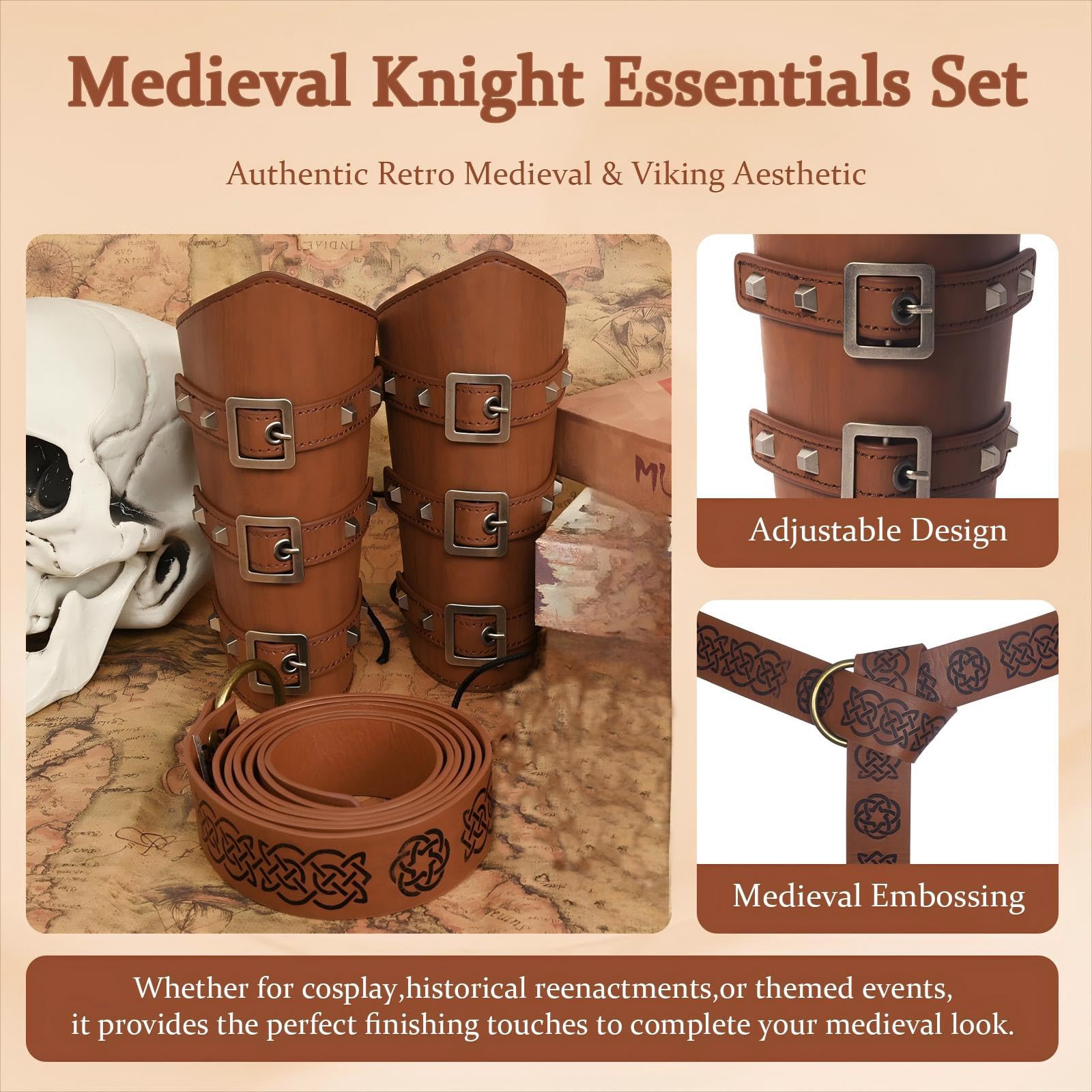 3PCS Medieval Knight Accessories Set - Renaissance Viking Style Cloak Scarf, Leather Belt, Buckle Straps, Brown - Image 4