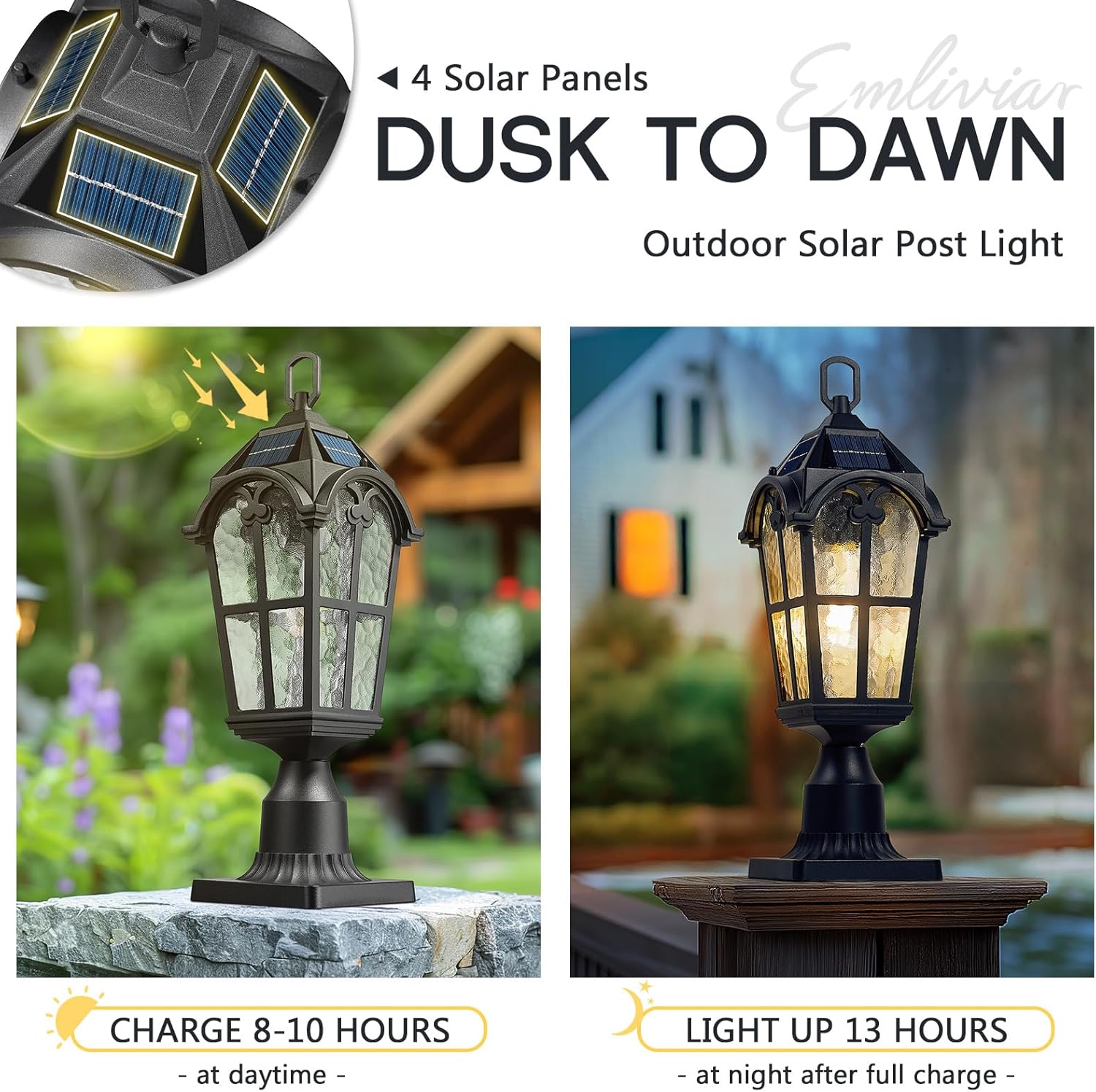 Emliviar 19" Portable Solar Post Light for Patio and Camping, Table Lamp with Pier Mount Base in Black Finish, Outdoor Solar Lighting with Water Grain Glass Shade, YXE302P-ML SL BK