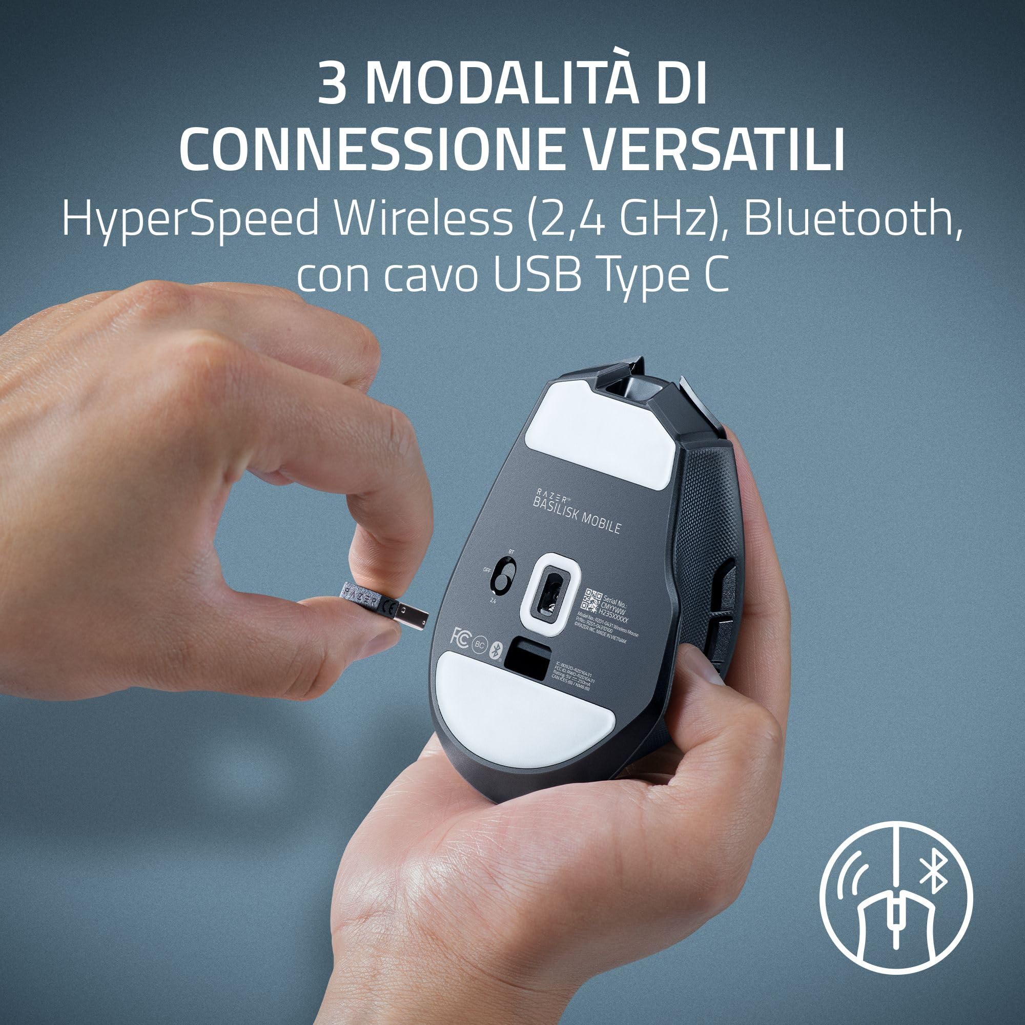 Razer Basilisk Mobile - Piccolo mouse ergonomico portatile da gioco senza fili - AI Prompt Master - Sensore Focus X 18K (connettività tri-mode, fino a 105 ore, switch del mouse Gen-3) Nero