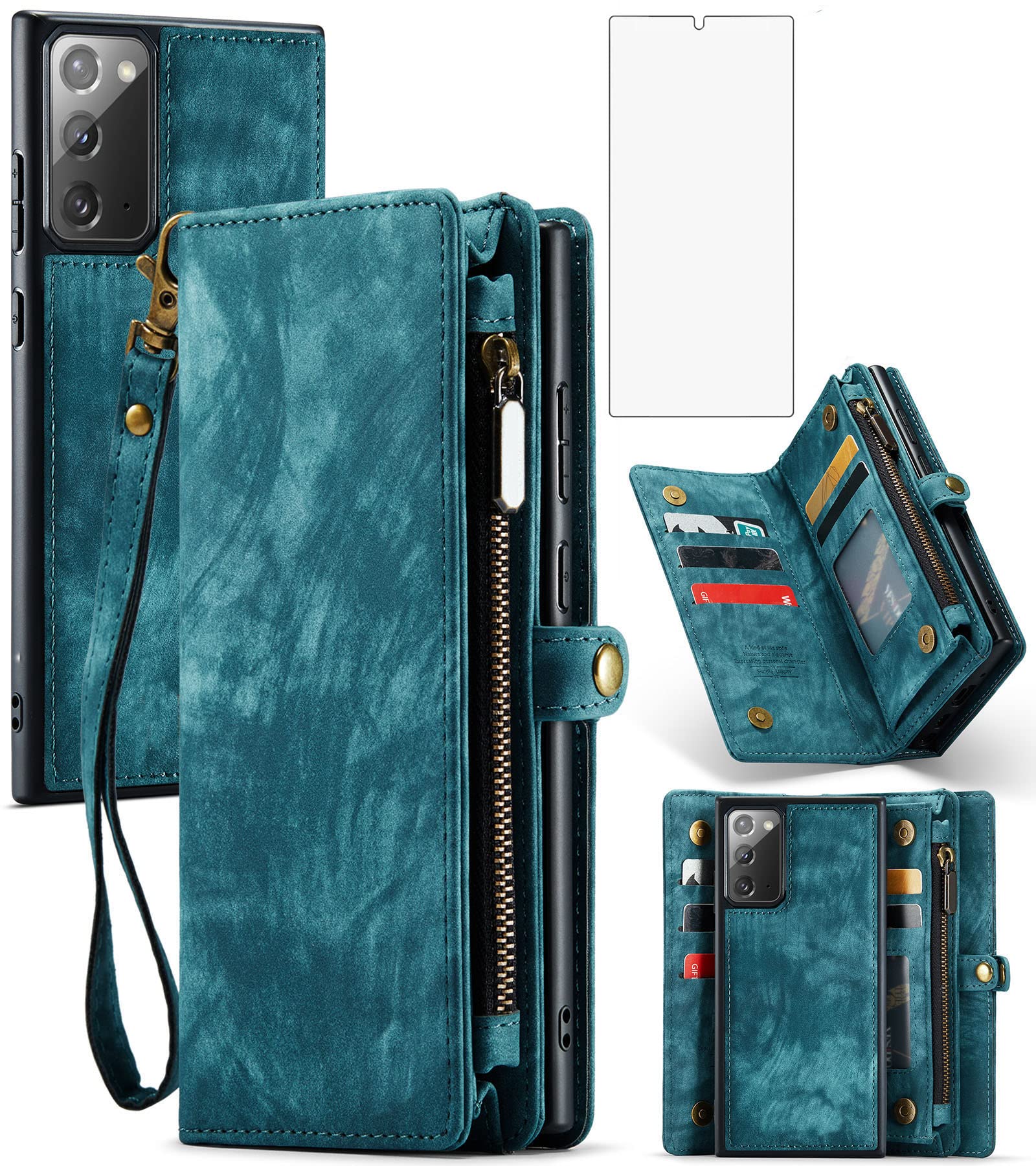Asuwish Phone Case for Samsung Galaxy Note 20 Glaxay Note20 5G Zipper Wallet Detachable Cover with Tempered Glass Screen Protector and Flip Card Holder Cell Gaxaly Notes 20s Twenty Not S20 Women Blue