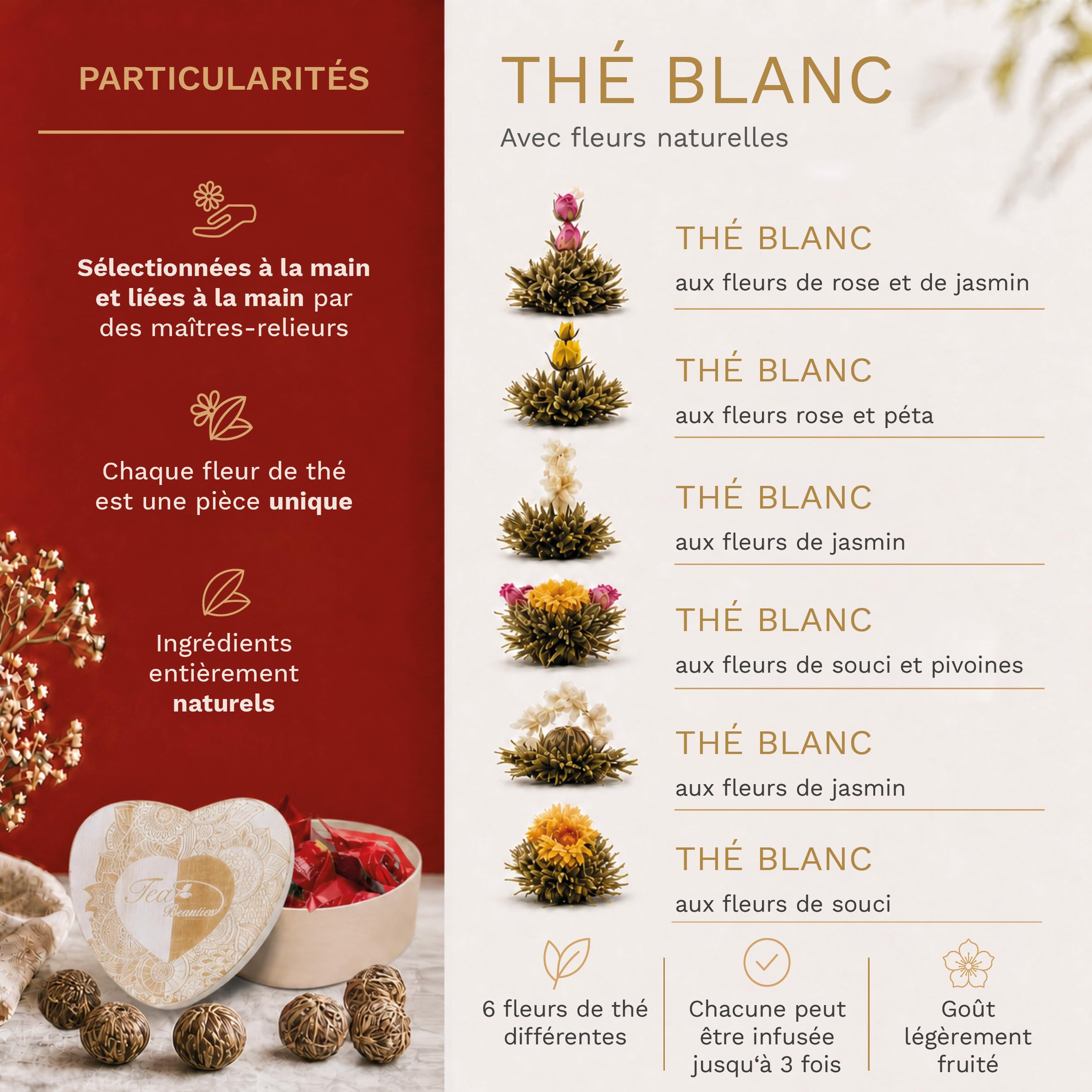 Creano Fleur de Thé – Coffret en Bois en Forme de Cœur – 6 Fleurs de Thé blanc – Idée cadeau élégante – Idée cadeau pour la Saint-Valentin et la fête des Mères – Thé en Fleurs