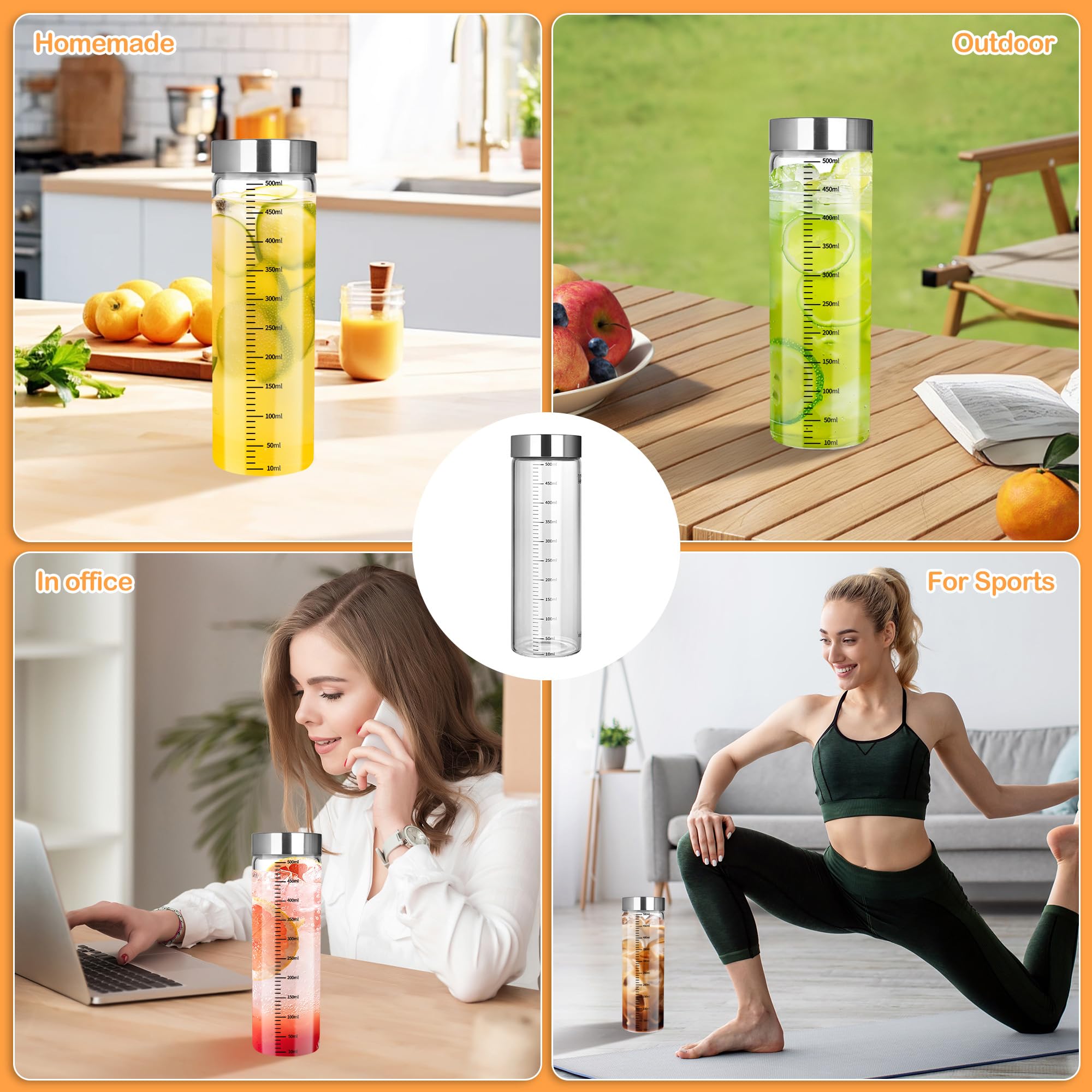 Lot de 4 bouteilles en verre graduées de 500 ml, gobelets à smoothie avec couvercle en acier inoxydable, bouteilles d'eau en verre réutilisables, adaptées aux smoothies, jus, lait, café