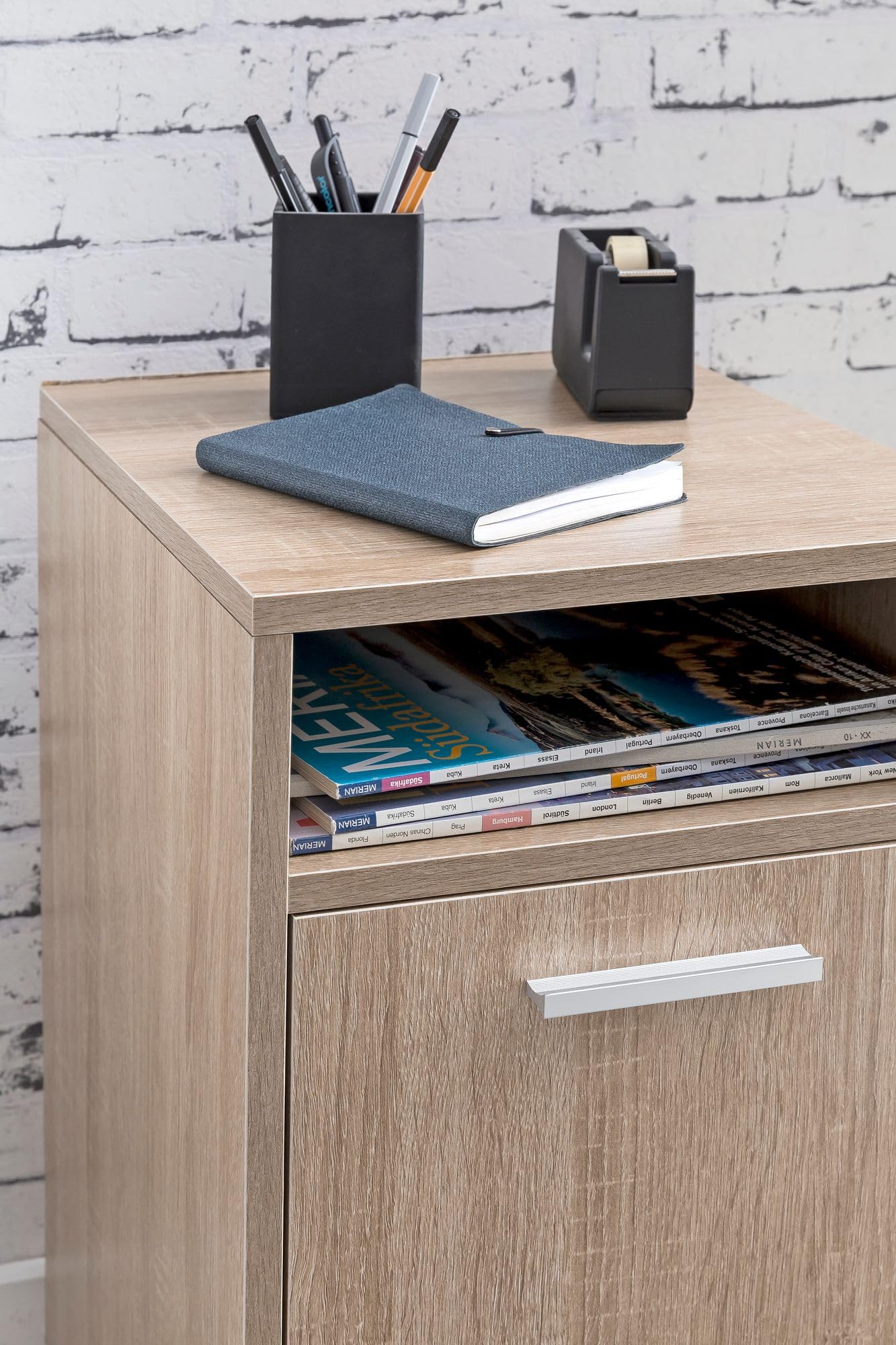 FineBuy Caisson de Bureau 33x60x38 cm Placard de Rangement Mobile Sonoma | Armoire de Rangement Petite avec Porte | Meuble de Bureau a Roulette