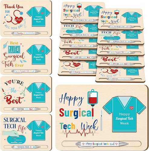 Kosiz 10 Set Happy Surgical Tech Week Gifts Bulk Wooden Inspirational Sticky Note Holder Set for Surgical Technologist Thank You Appreciation Gifts for Technology Staff Doctors Nurses Students