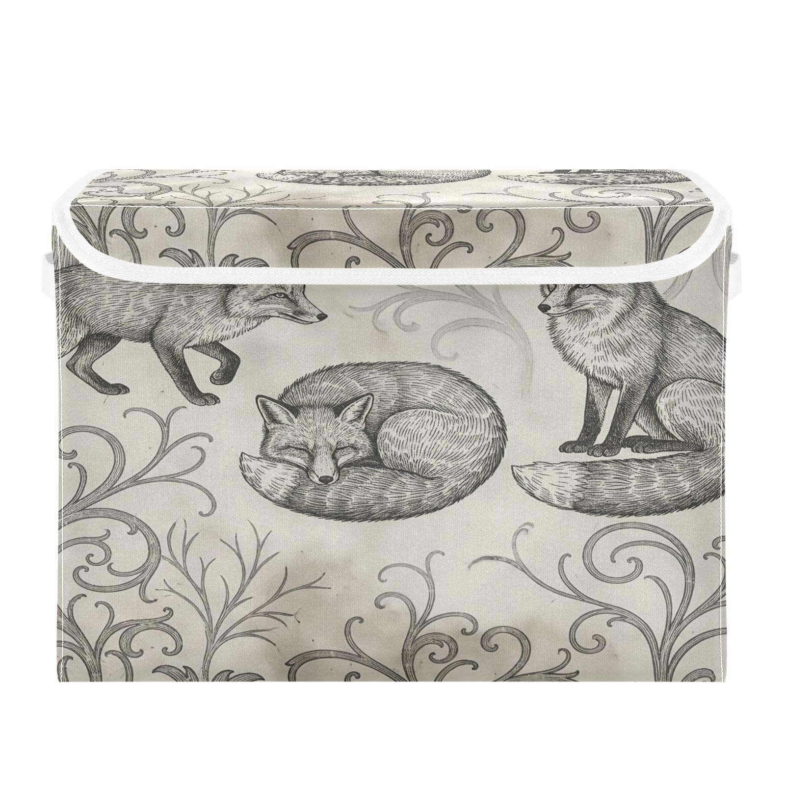 Cgiub Fox Storage Bins with Lids Decorative Fabric Storage Boxes with Handles Closet Organiser Foldable Baby Basket for Nursery Bedroom Office