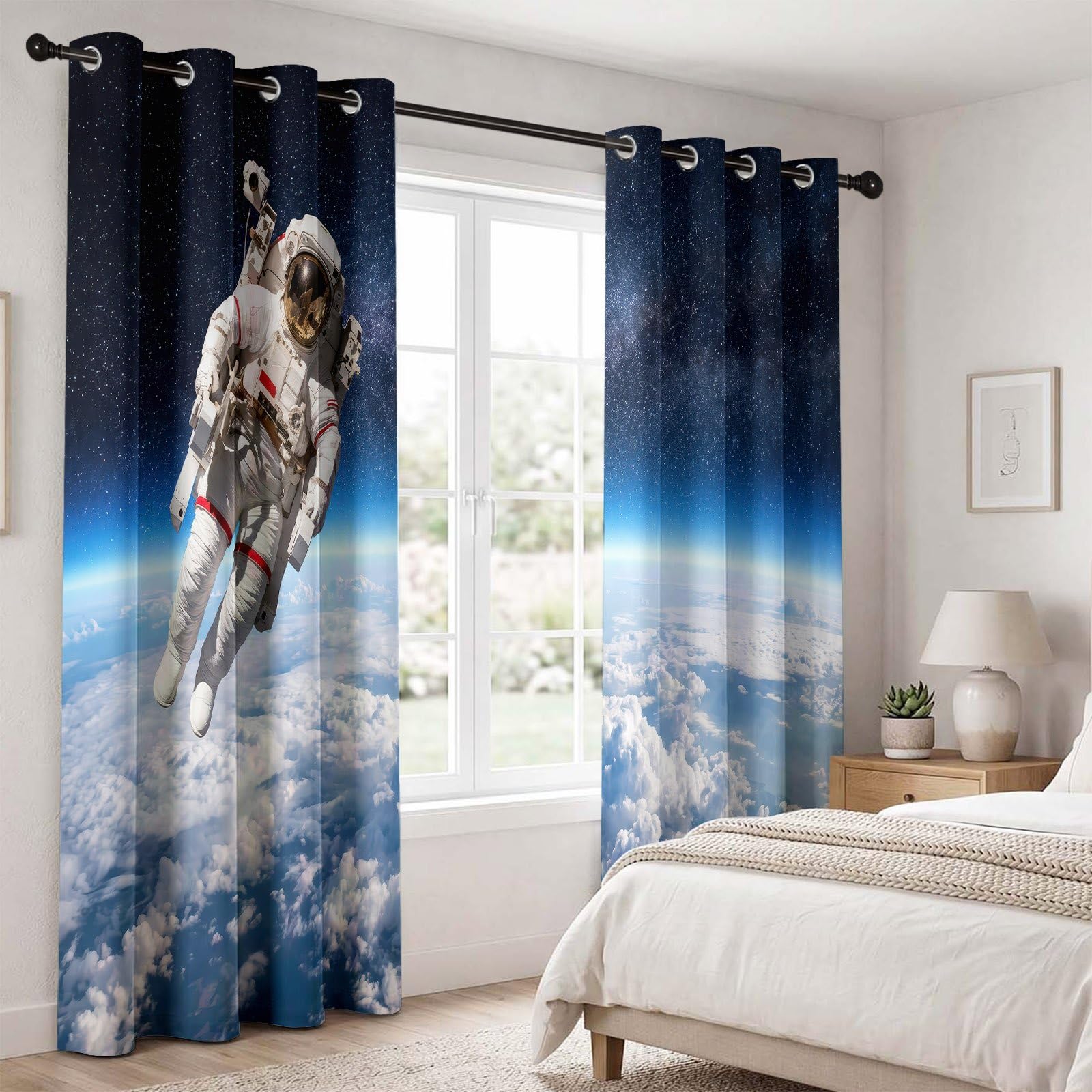 Espacio moderno azul blanco cortina opaca con ojales, 140 x 245 cm