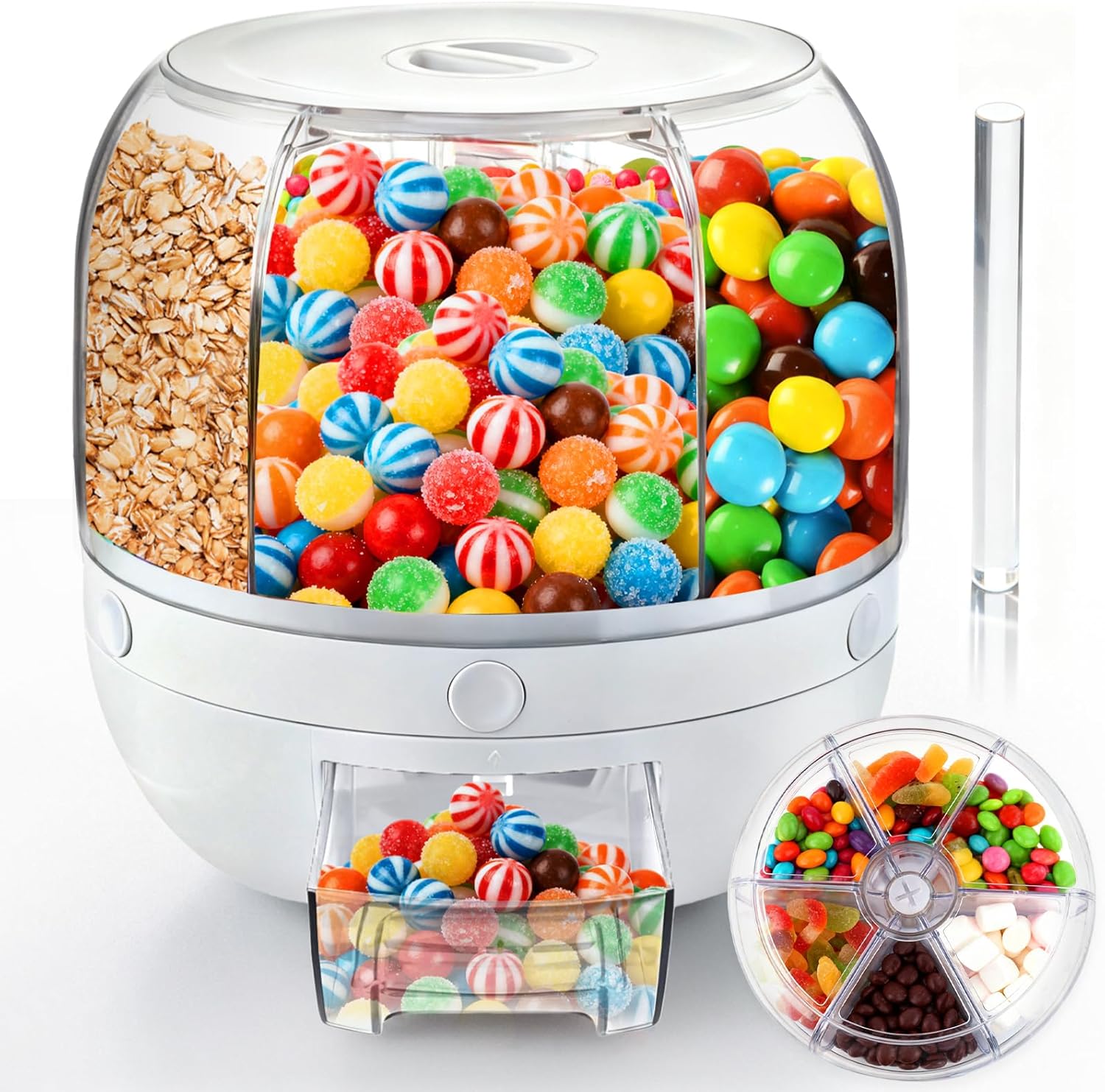 Palksky Candy Dispenser 360° Rotating with 6 Compartments, Airtight Dustproof Lid & Wide Opening, One-Click Output Large Capacity Candy Machine for Candy, Snacks, Nuts, Chocolates, and Cereals