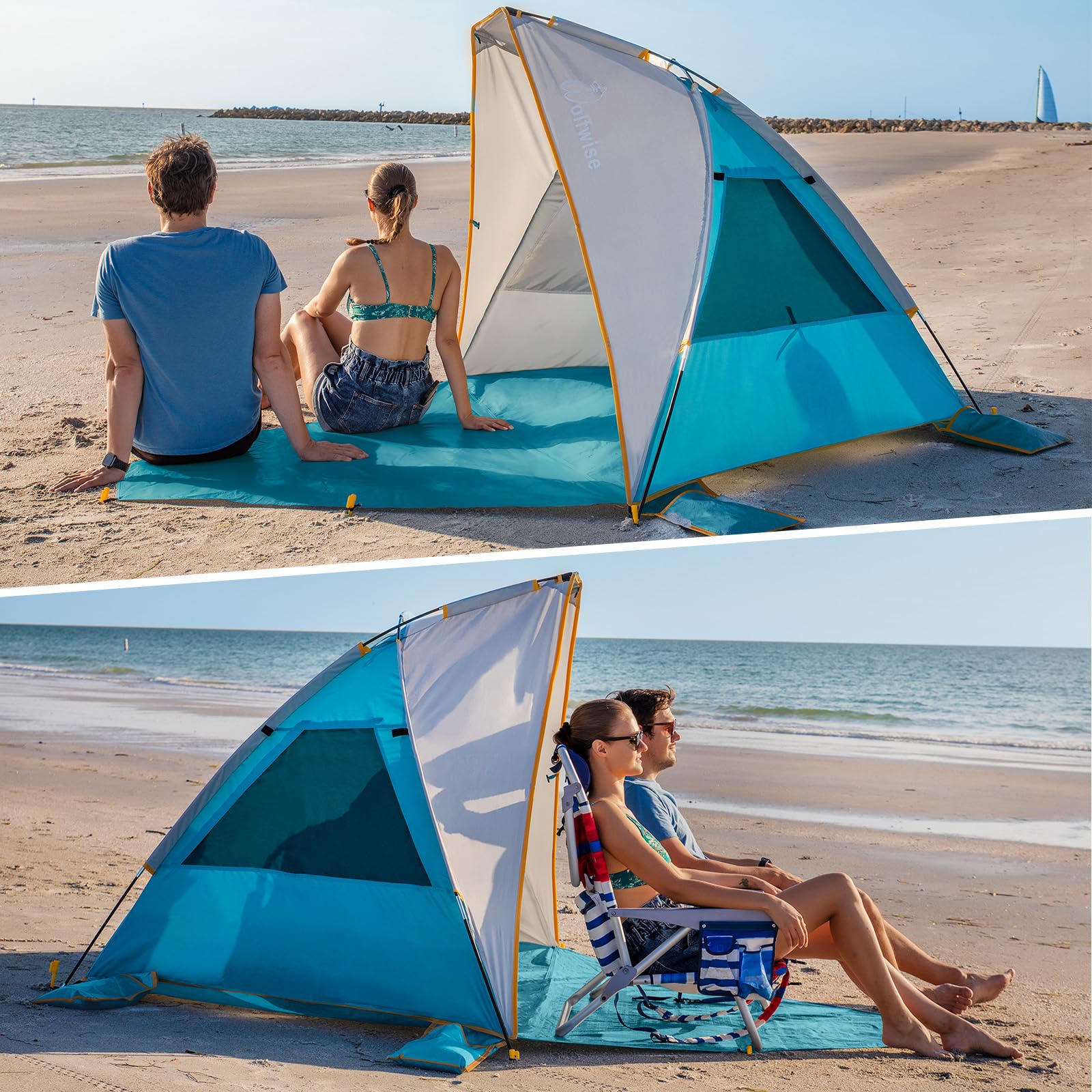 WolfWise Tienda de Playa Portátil para 3 Personas, Sombrilla UPF 50+, con Suelo Extensible