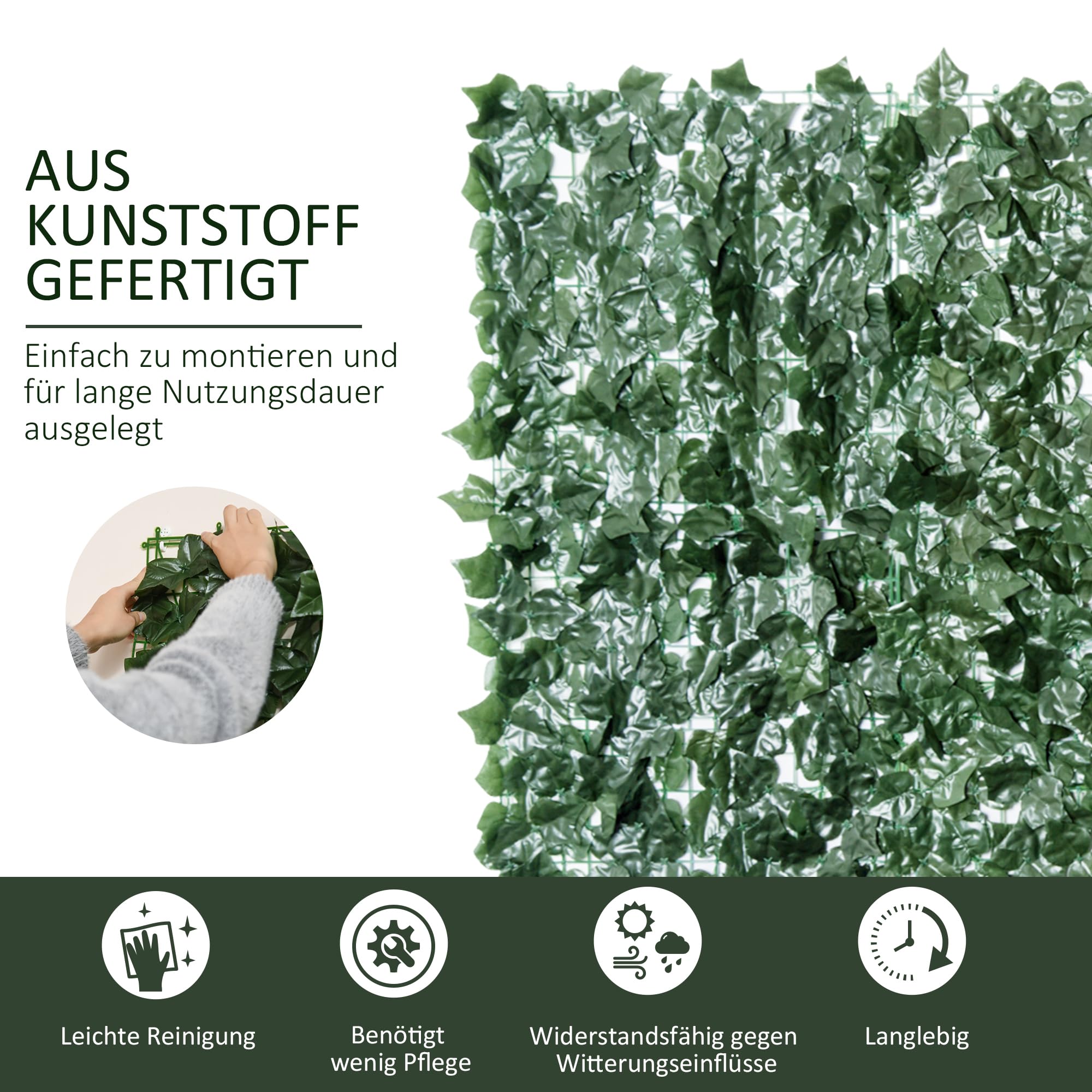 Outsunny Künstlicher Hecken Sichtschutz UV Geschützt 300 x 150 cm Grün | Balkon Sichtschutze, Zaun Sichtschutzgitter mit Blättern, Hecken Zaun, WandKünstliche, für Garten Hochzeit