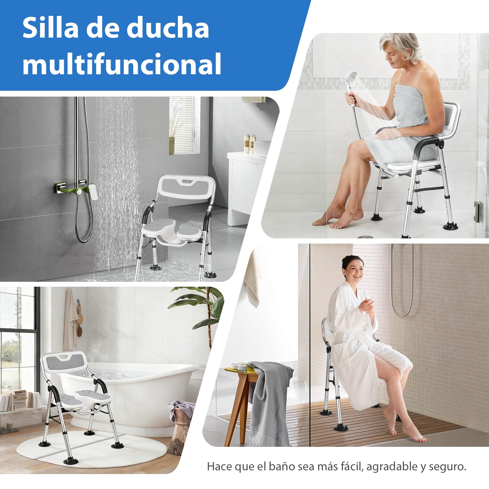 DEWEL Silla para Ducha para Personas Mayores, Silla Ducha Plegable (Gris) | con Respaldo y Brazos, InstalacióN Sin Herramientas, con Ranuras, Altura Ajustable, Capacidad de Carga 150 Kg