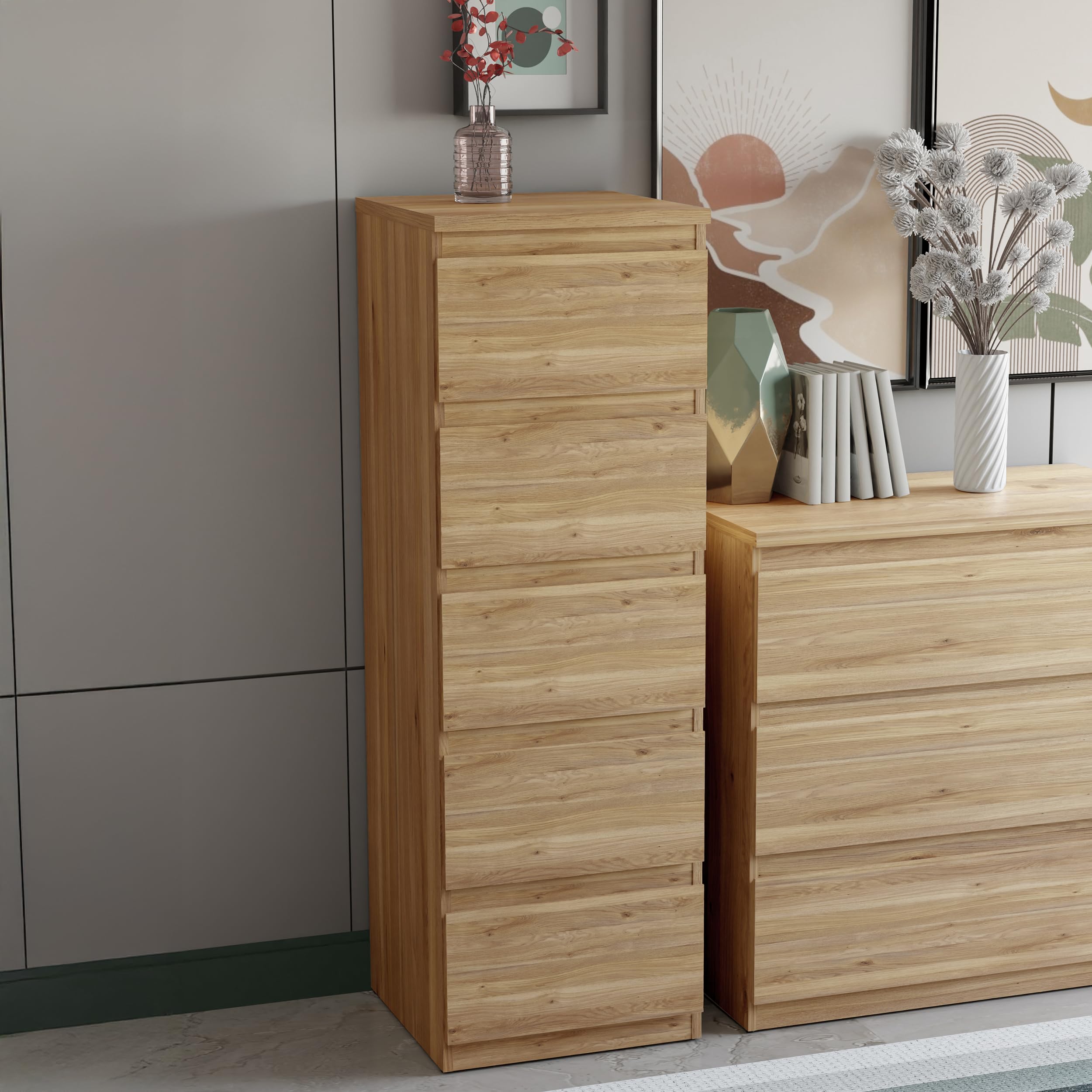 FORTE EDMORE Hohe Kommode 40 45 mit 5 Schubladen, Mauvella Eiche Dekor, 41,8 cm breit x 128 cm hoch x 42,2 cm tief Küche, Haushalt &